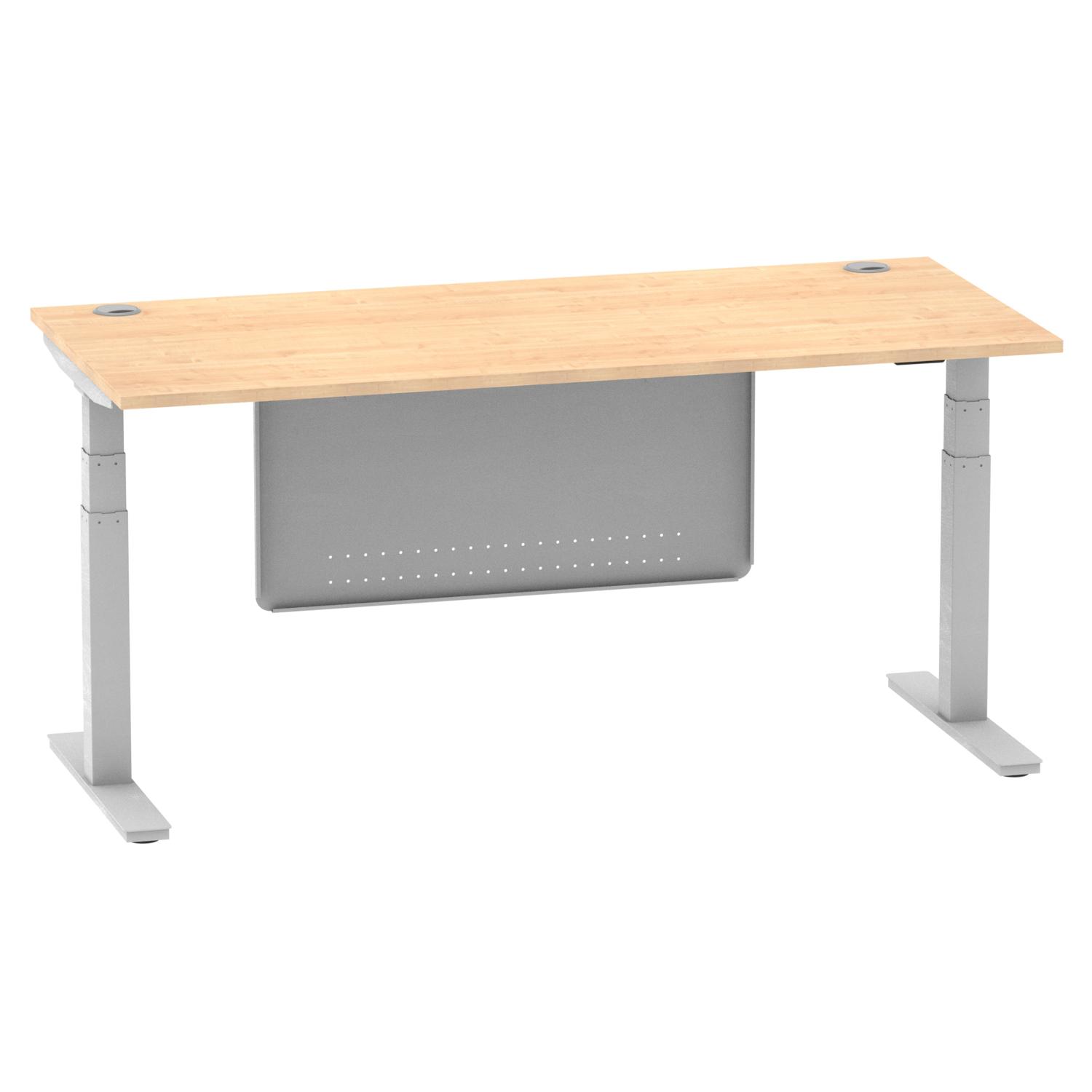 Air Modesty 1800 x 800mm Height Adjustable Office Desk Maple Top Cable Ports Silver Leg With Silver Steel Modesty Panel