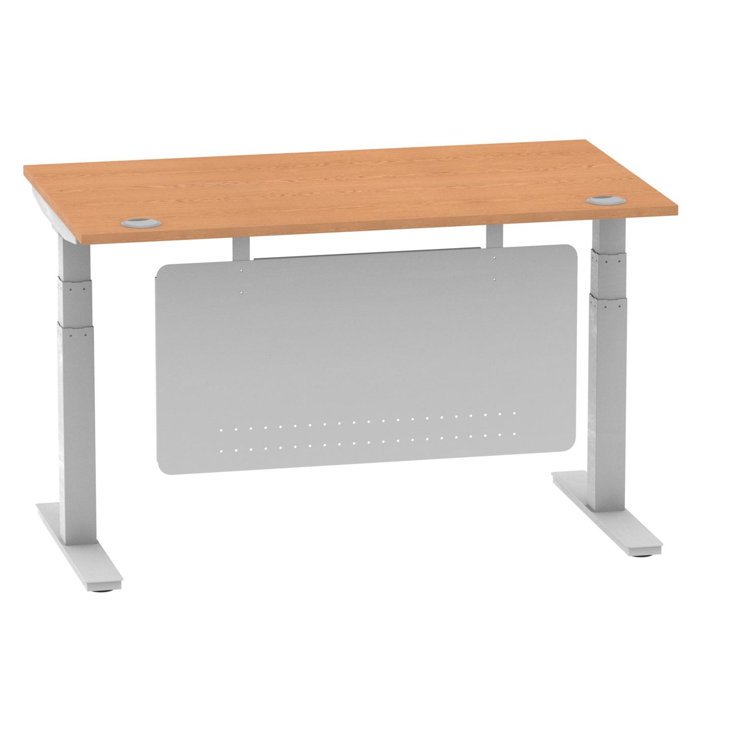 Air Modesty 1400 x 800mm Height Adjustable Office Desk Oak Top Cable Ports Silver Leg With Silver Steel Modesty Panel