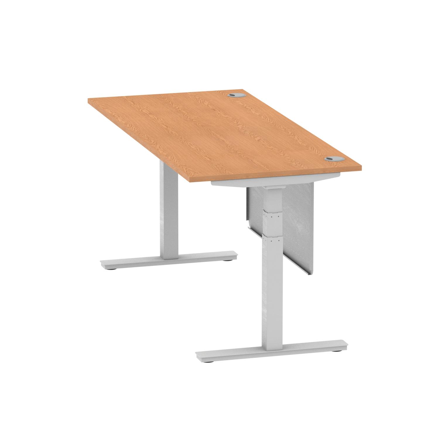 Air Modesty 1800 x 800mm Height Adjustable Office Desk Oak Top Cable Ports Silver Leg With Silver Steel Modesty Panel