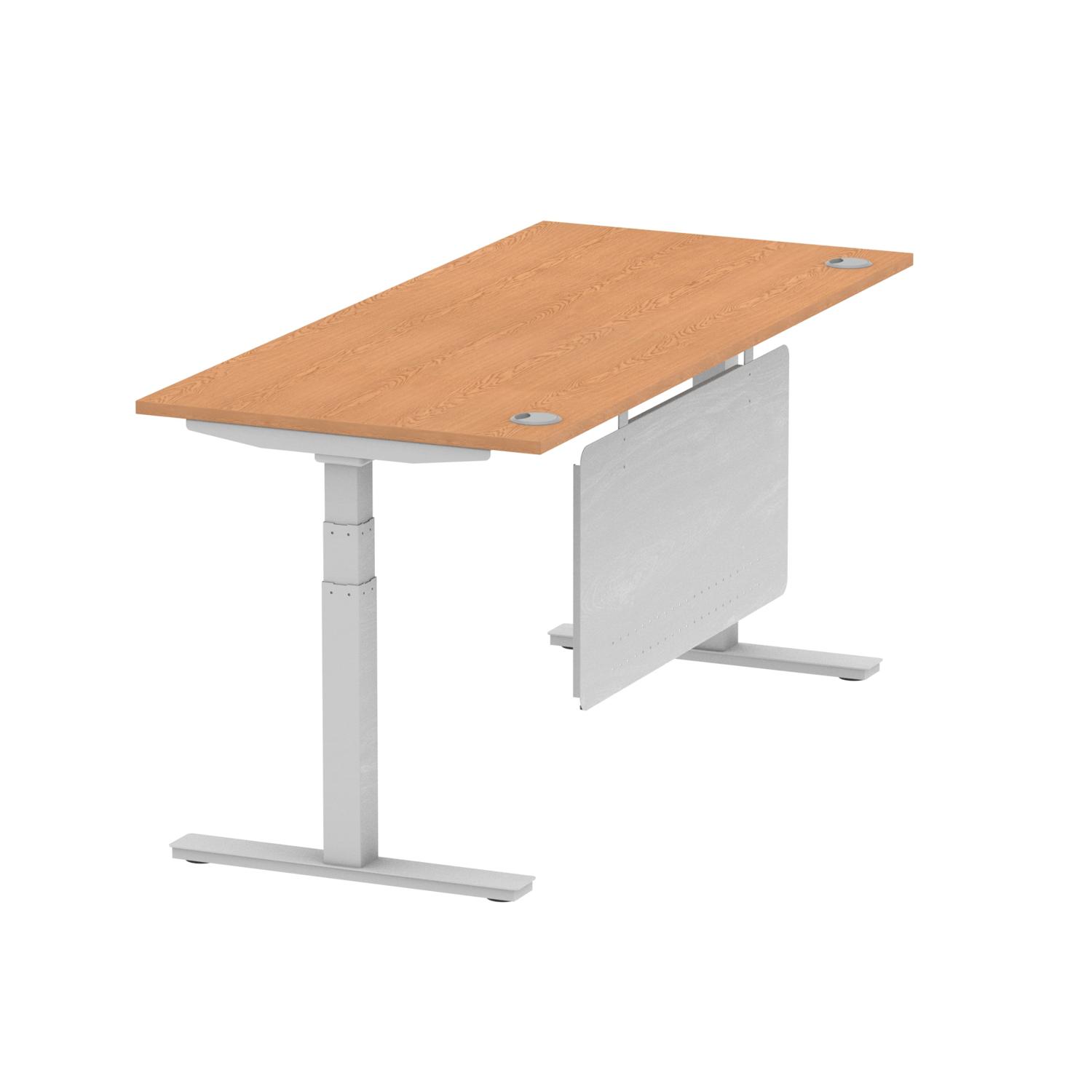 Air Modesty 1800 x 800mm Height Adjustable Office Desk Oak Top Cable Ports Silver Leg With Silver Steel Modesty Panel
