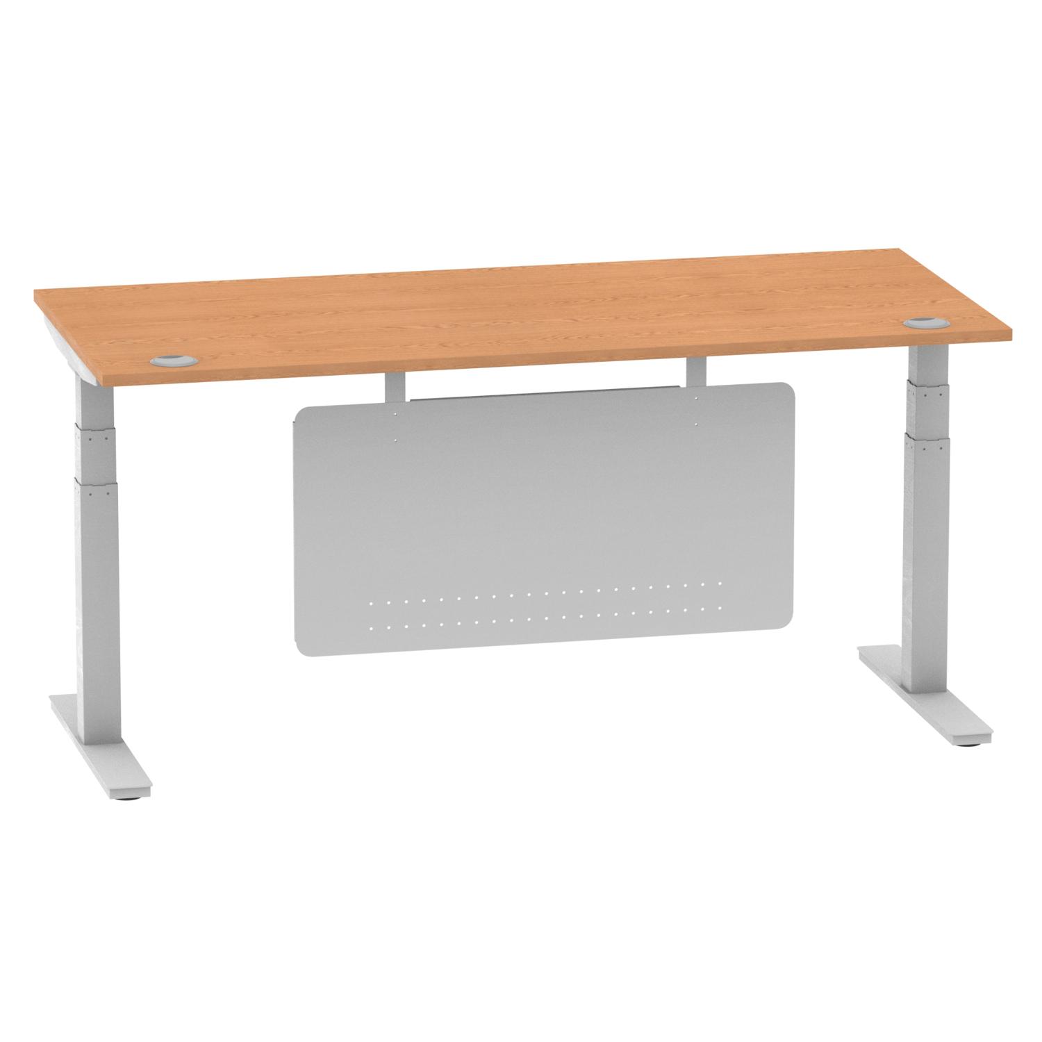 Air Modesty 1800 x 800mm Height Adjustable Office Desk Oak Top Cable Ports Silver Leg With Silver Steel Modesty Panel