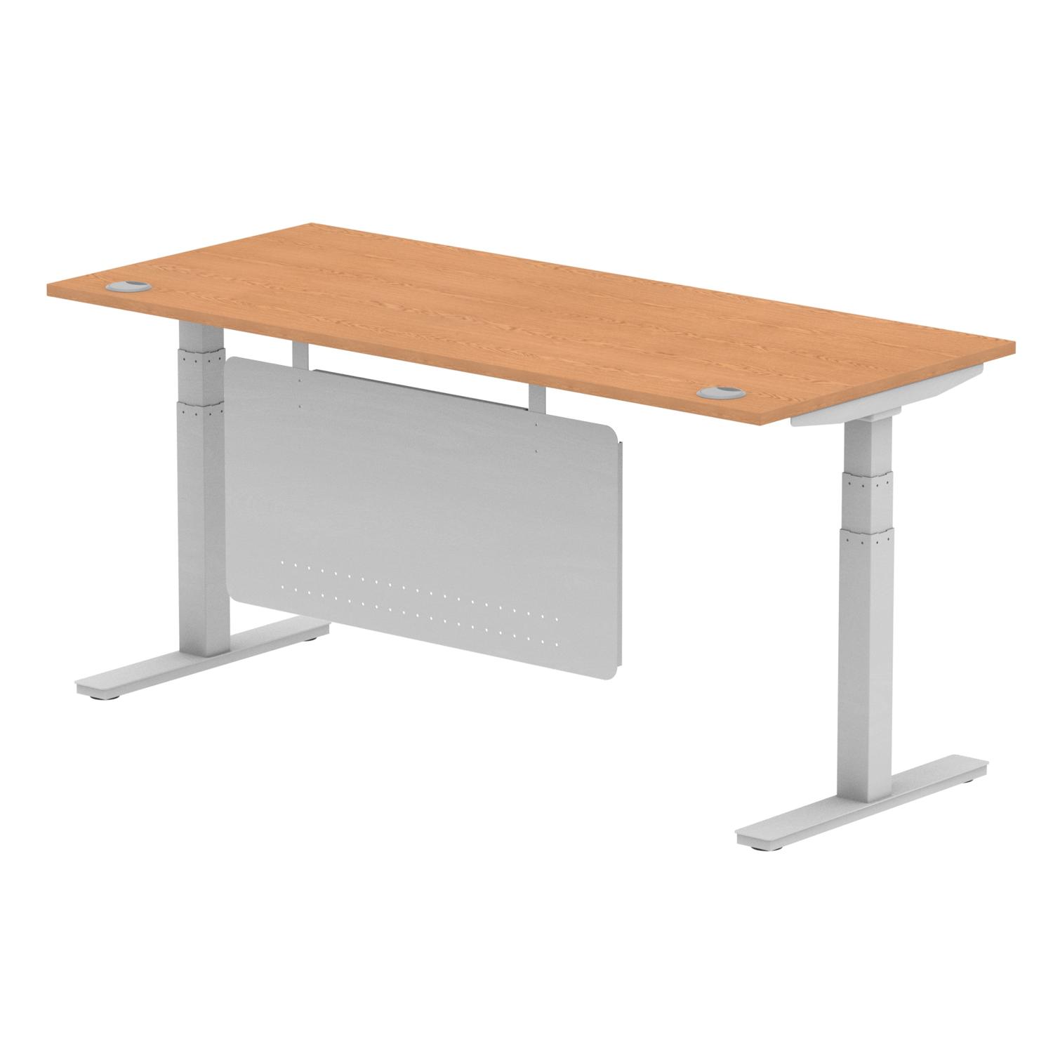 Air Modesty 1800 x 800mm Height Adjustable Office Desk Oak Top Cable Ports Silver Leg With Silver Steel Modesty Panel
