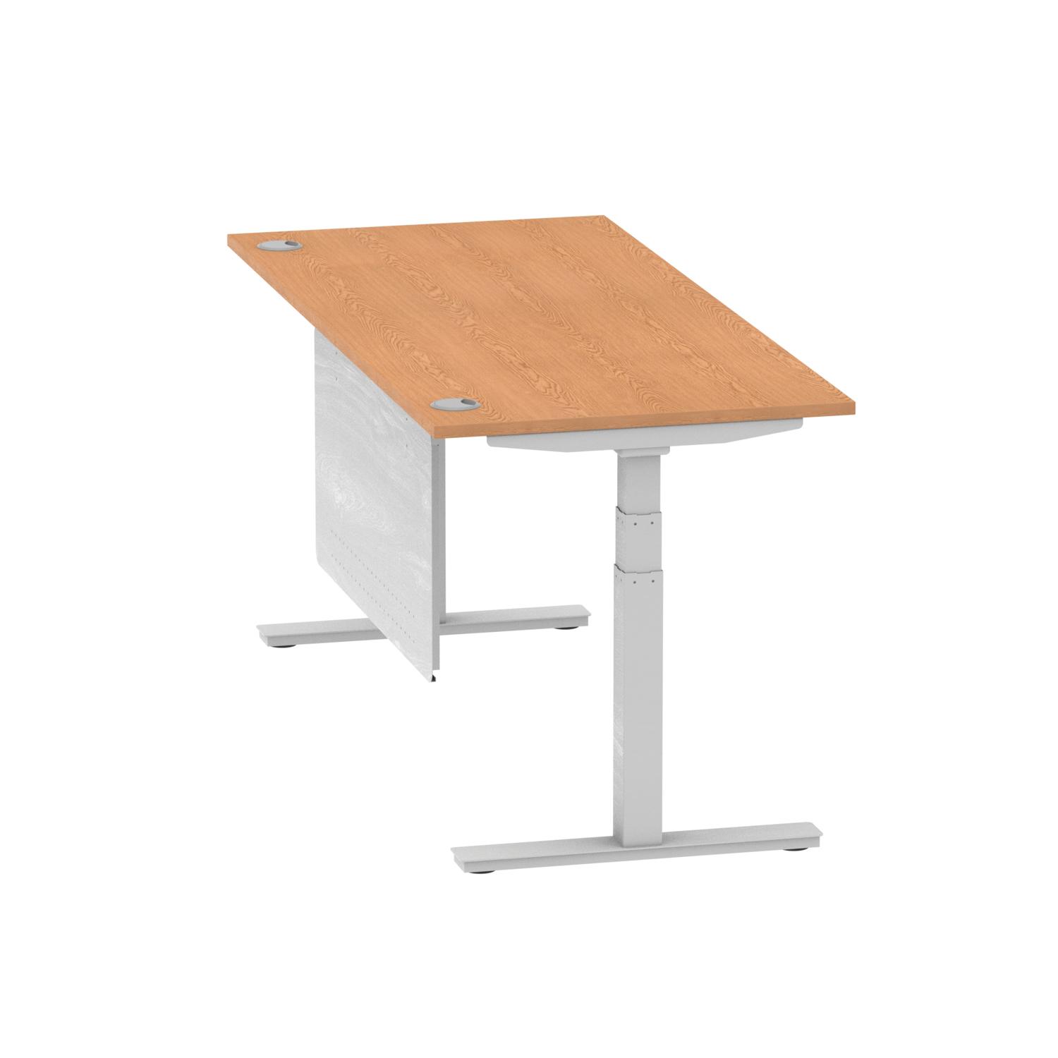 Air Modesty 1800 x 800mm Height Adjustable Office Desk Oak Top Cable Ports Silver Leg With Silver Steel Modesty Panel