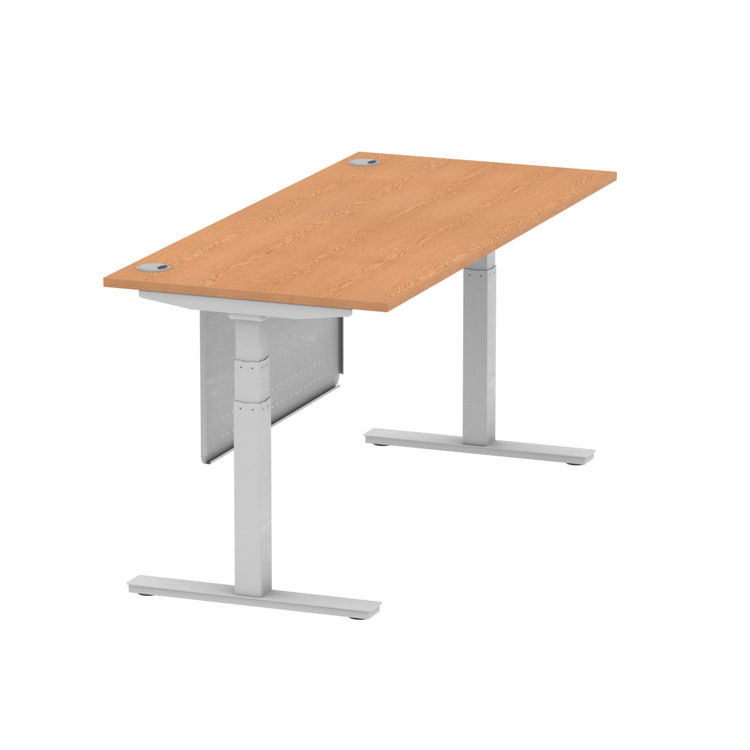 Air Modesty 1800 x 800mm Height Adjustable Office Desk Oak Top Cable Ports Silver Leg With Silver Steel Modesty Panel