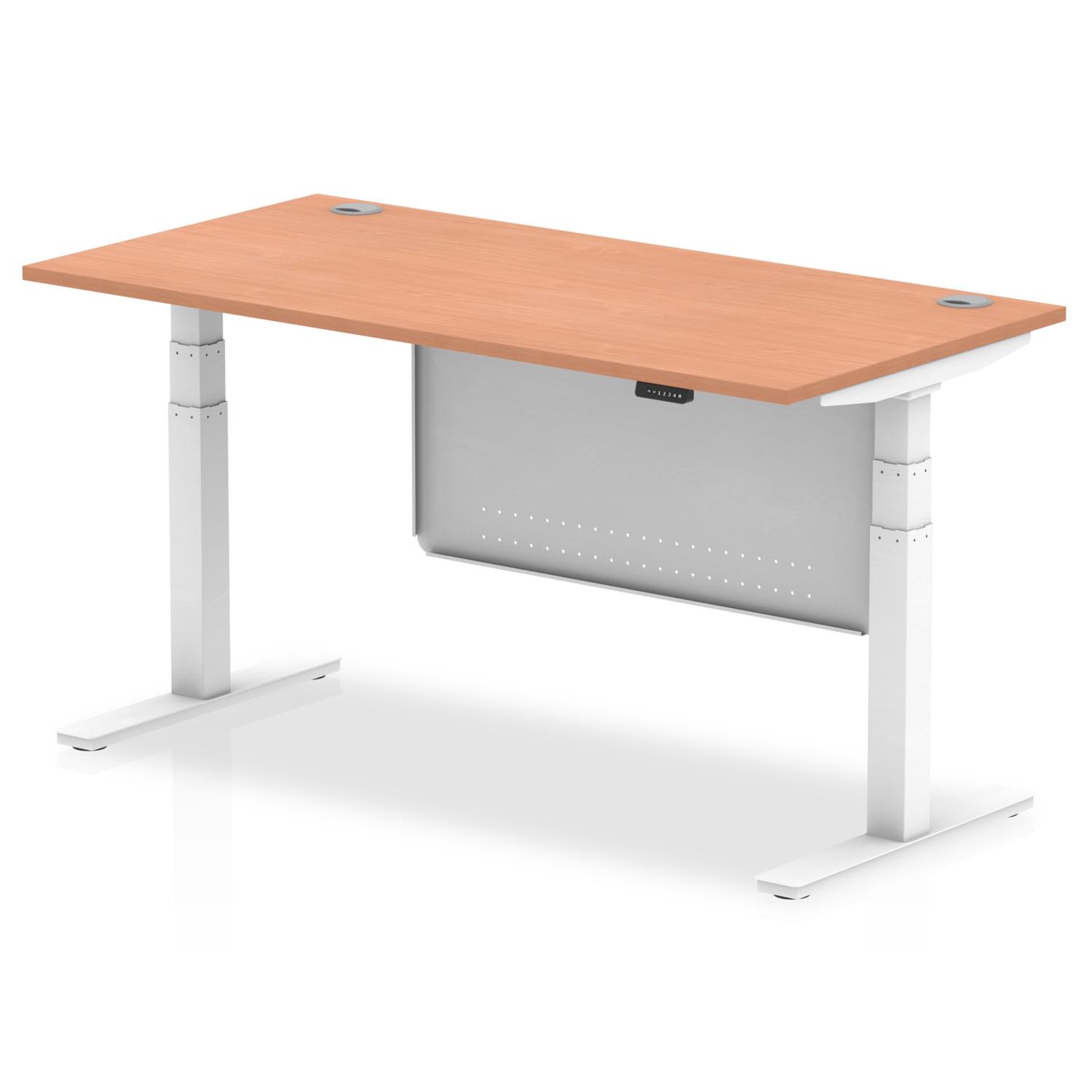 Air Modesty 1600 x 800mm Height Adjustable Office Desk Beech Top Cable Ports White Leg With White Steel Modesty Panel