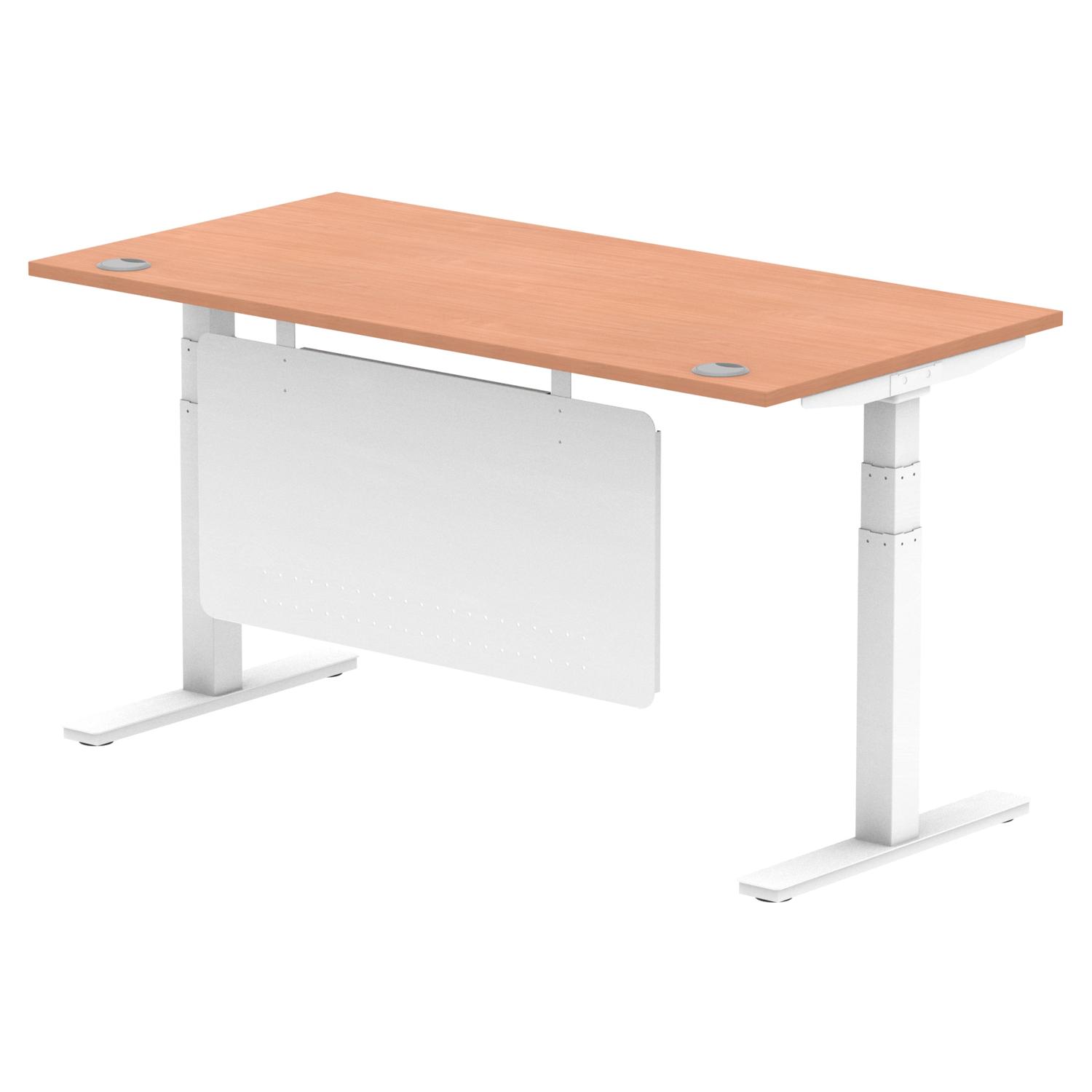 Air Modesty 1600 x 800mm Height Adjustable Office Desk Beech Top Cable Ports White Leg With White Steel Modesty Panel