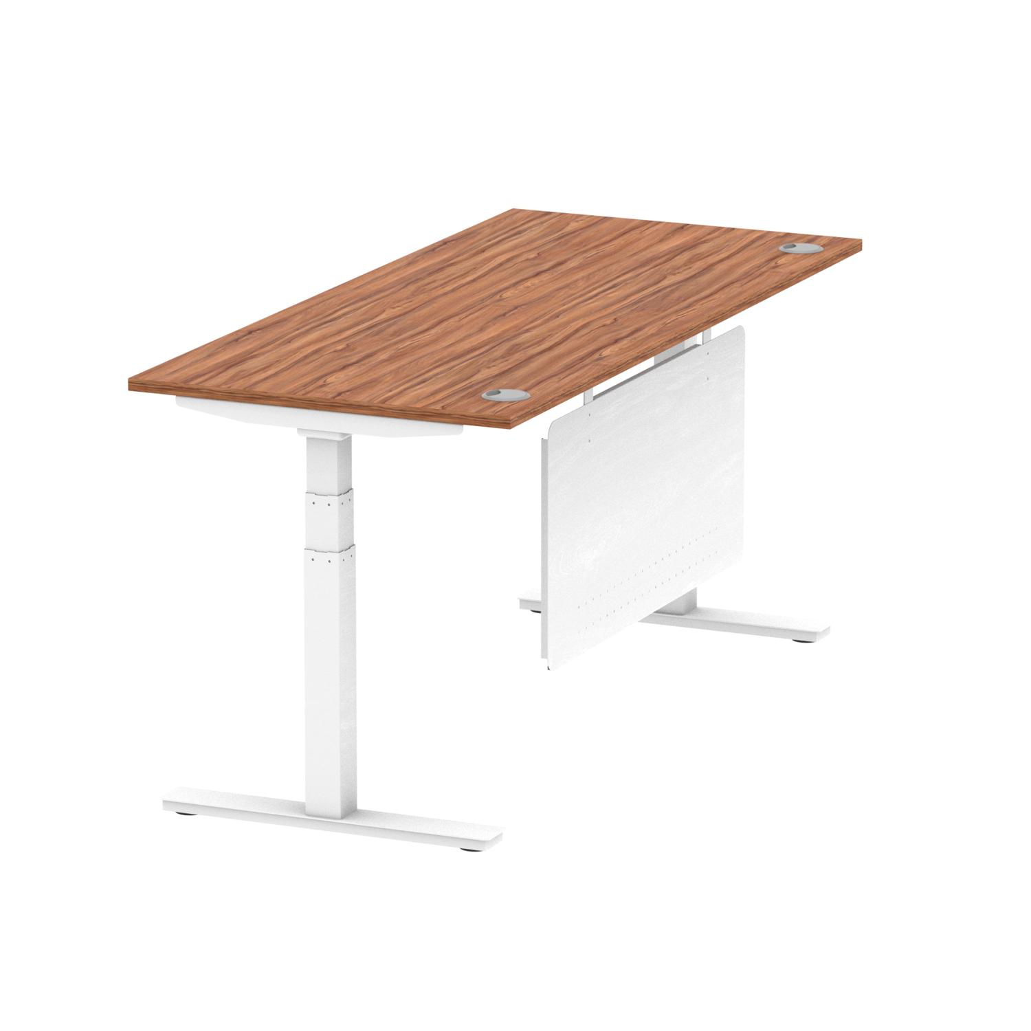 Air Modesty 1800 x 800mm Height Adjustable Office Desk Walnut Top Cable Ports White Leg With White Steel Modesty Panel