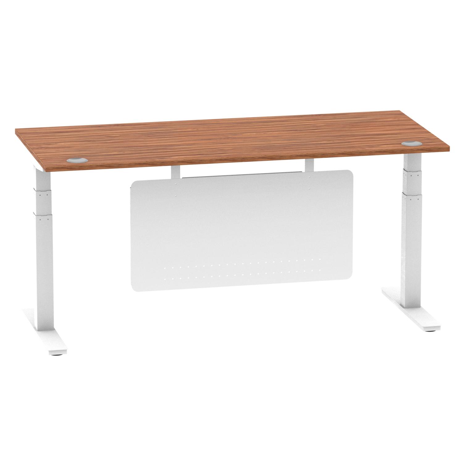 Air Modesty 1800 x 800mm Height Adjustable Office Desk Walnut Top Cable Ports White Leg With White Steel Modesty Panel