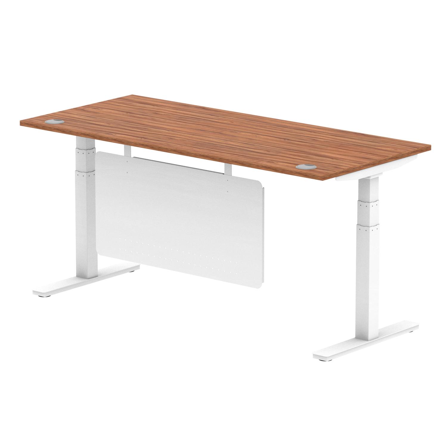 Air Modesty 1800 x 800mm Height Adjustable Office Desk Walnut Top Cable Ports White Leg With White Steel Modesty Panel