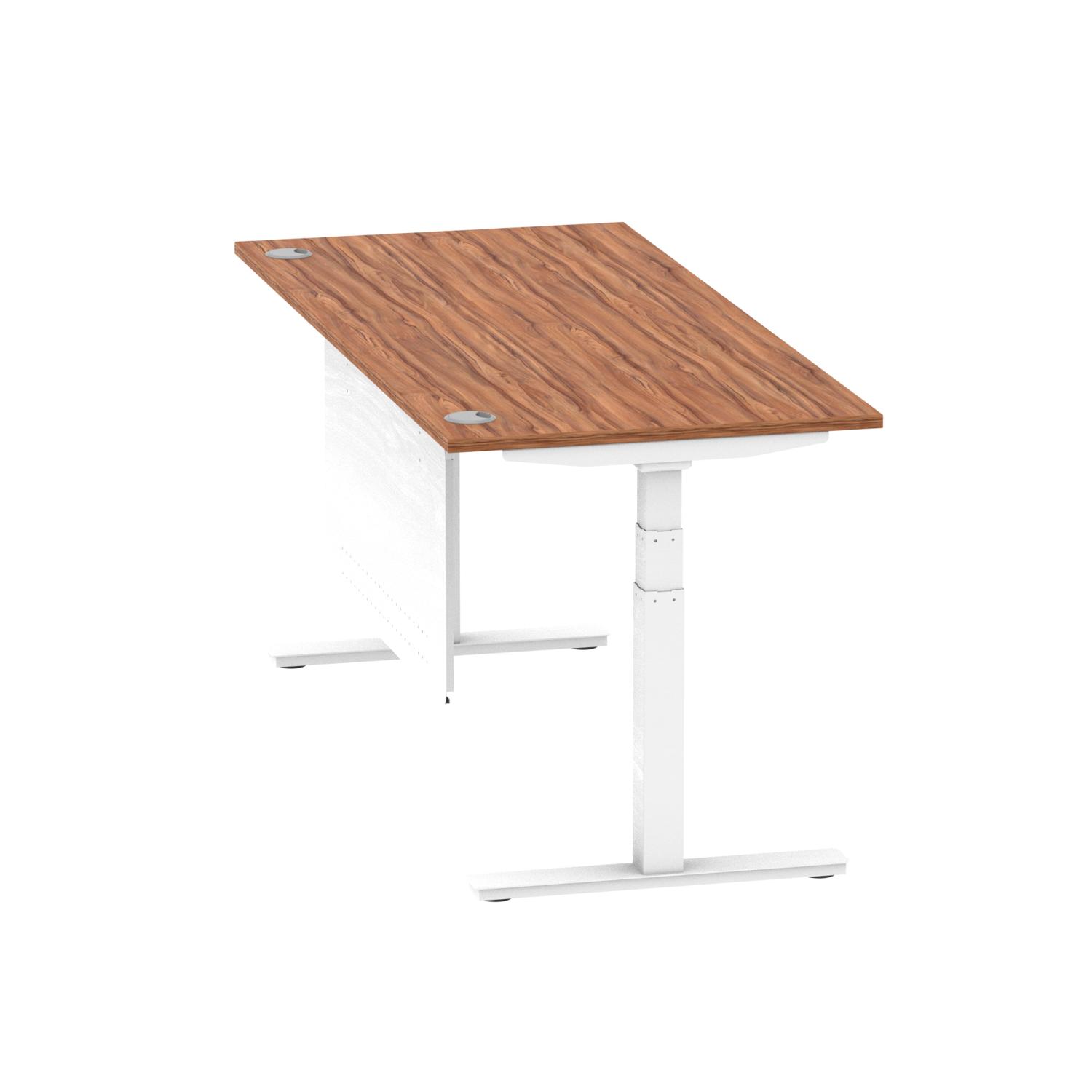 Air Modesty 1800 x 800mm Height Adjustable Office Desk Walnut Top Cable Ports White Leg With White Steel Modesty Panel