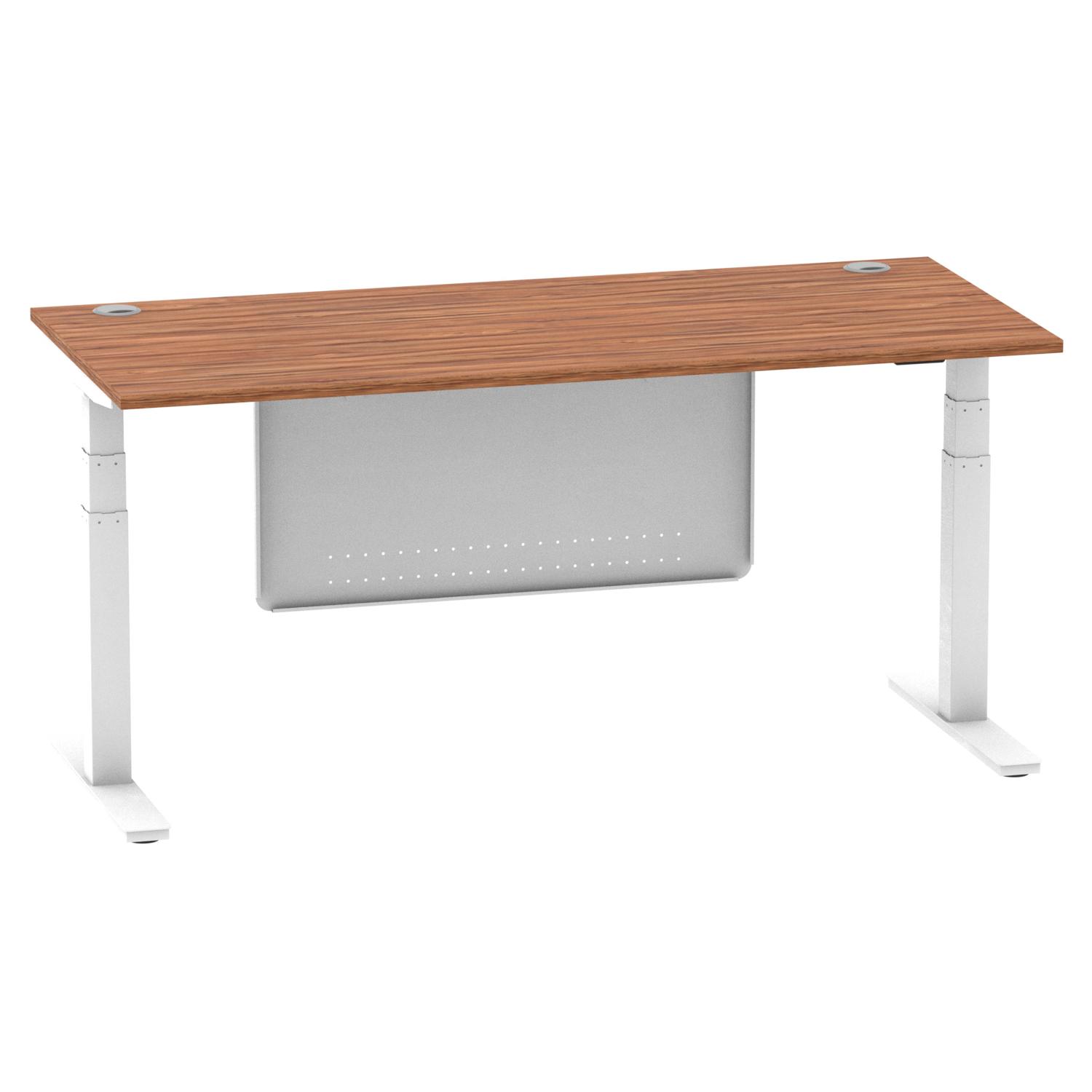 Air Modesty 1800 x 800mm Height Adjustable Office Desk Walnut Top Cable Ports White Leg With White Steel Modesty Panel