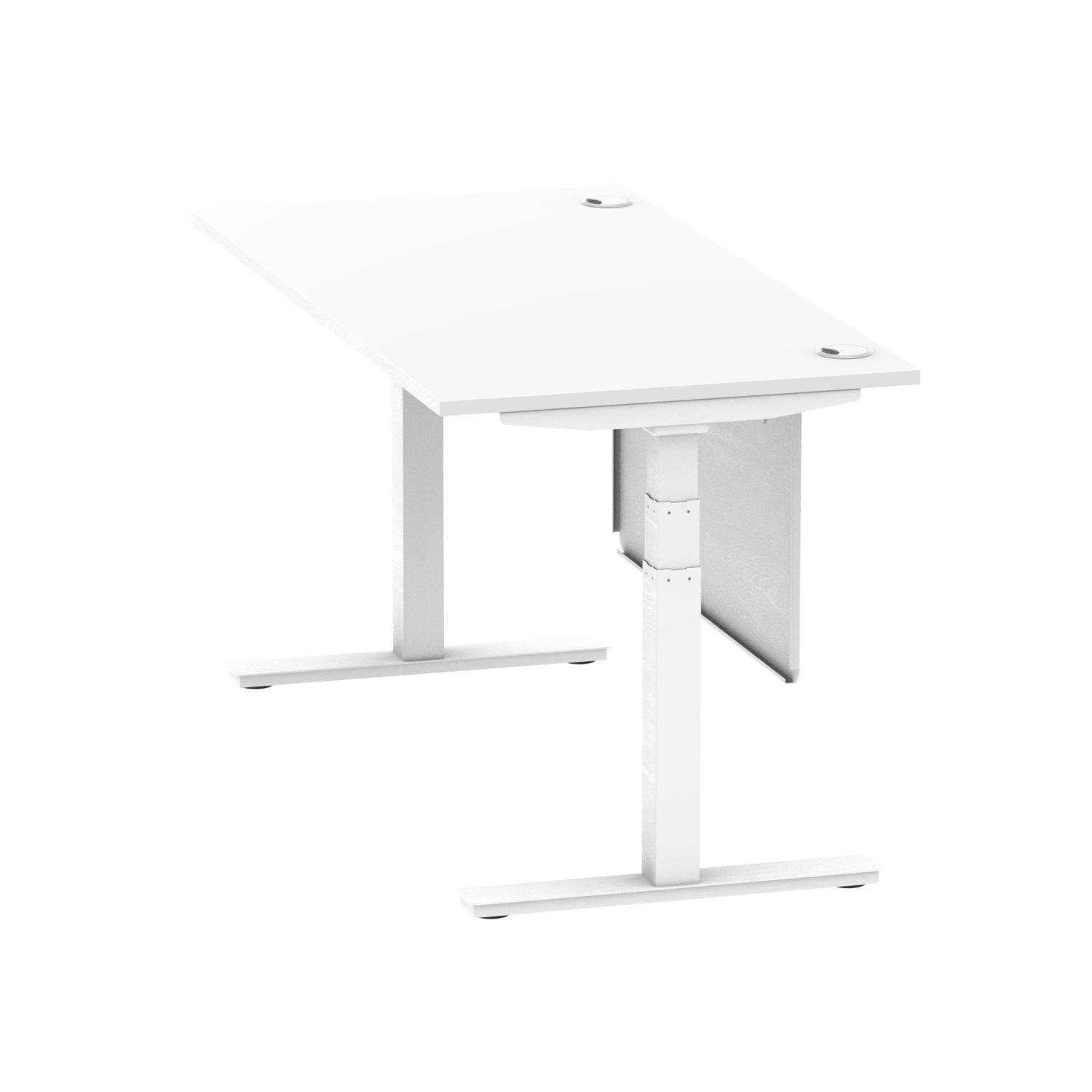 Air Modesty 1600 x 800mm Height Adjustable Office Desk White Top Cable Ports White Leg With White Steel Modesty Panel