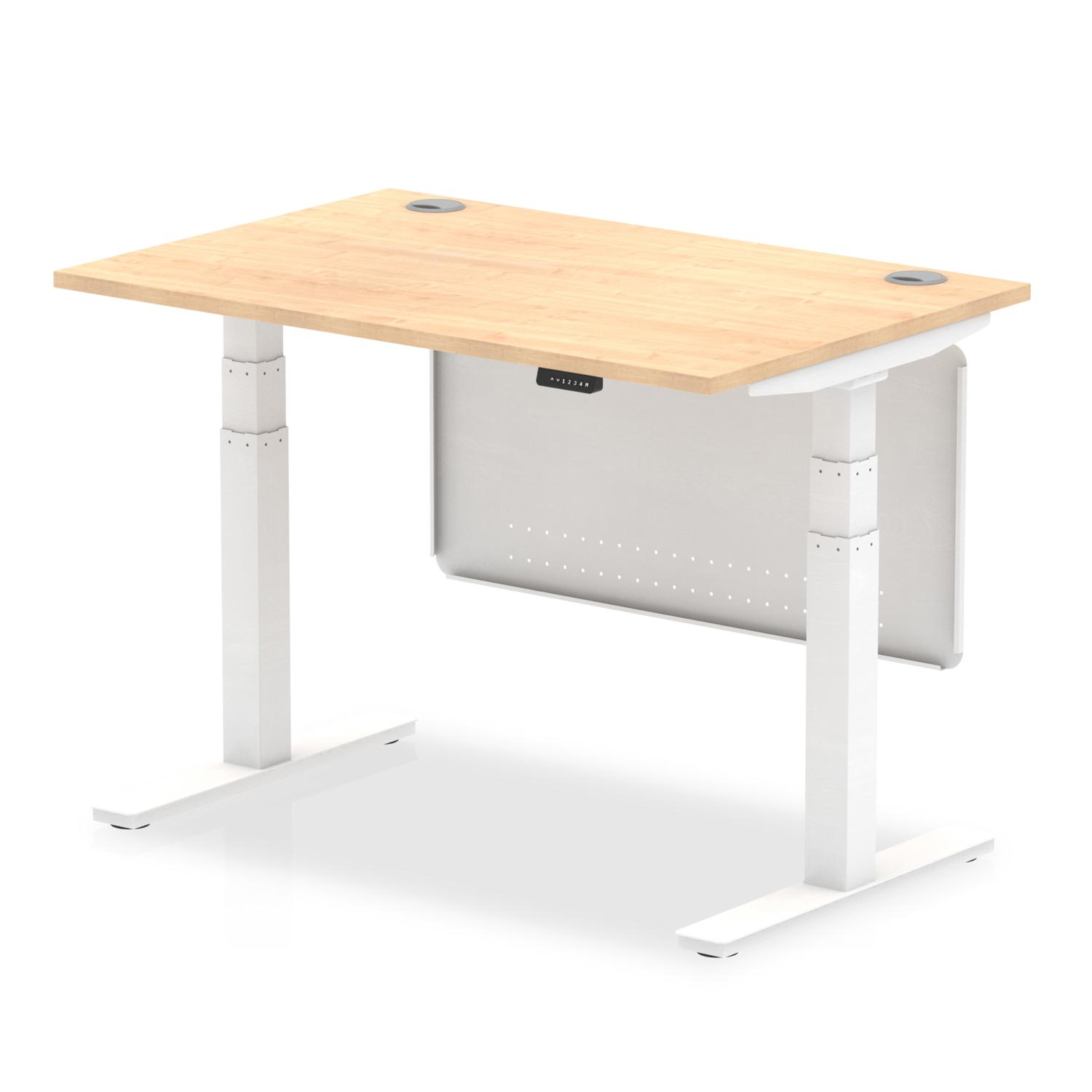 Air Modesty 1200 x 800mm Height Adjustable Office Desk Maple Top Cable Ports White Leg With White Steel Modesty Panel