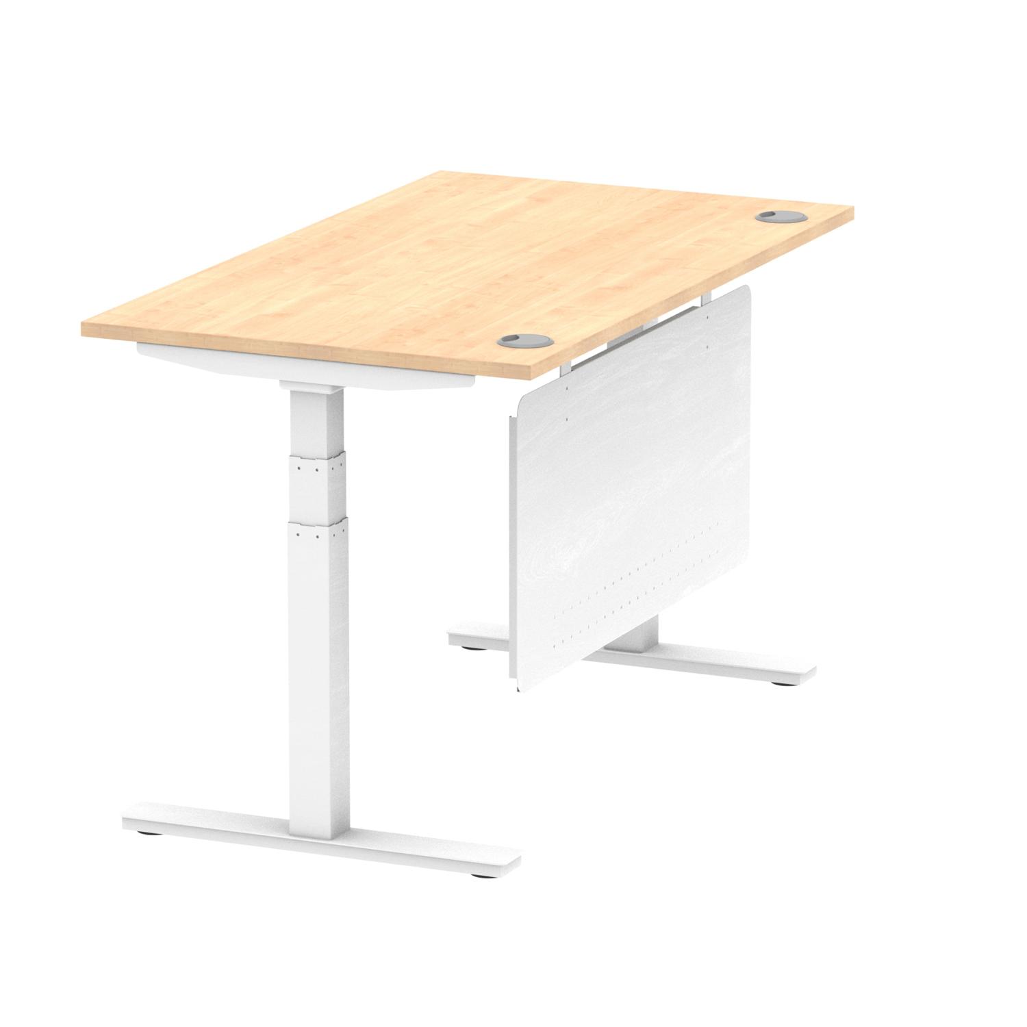 Air Modesty 1400 x 800mm Height Adjustable Office Desk Maple Top Cable Ports White Leg With White Steel Modesty Panel