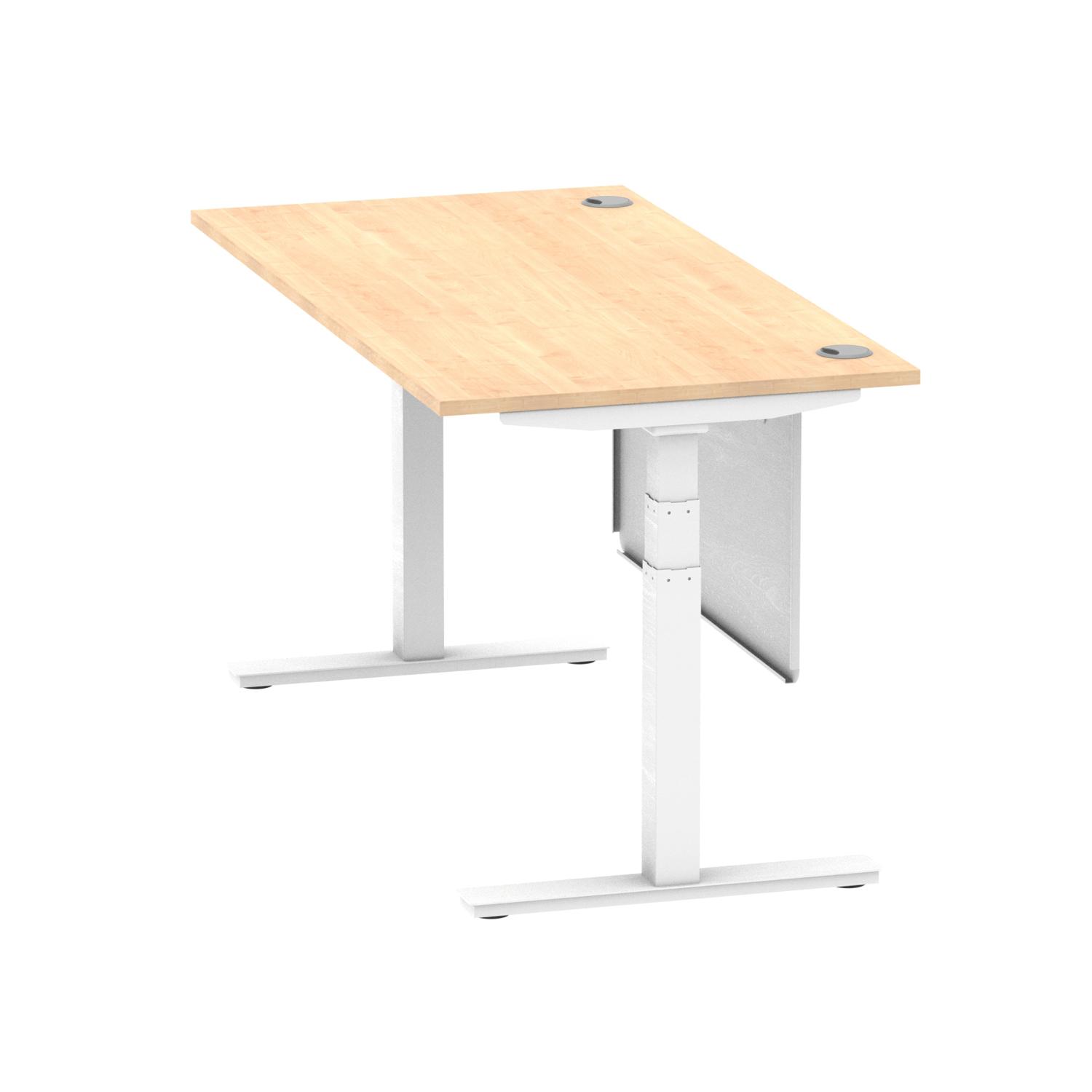 Air Modesty 1600 x 800mm Height Adjustable Office Desk Maple Top Cable Ports White Leg With White Steel Modesty Panel