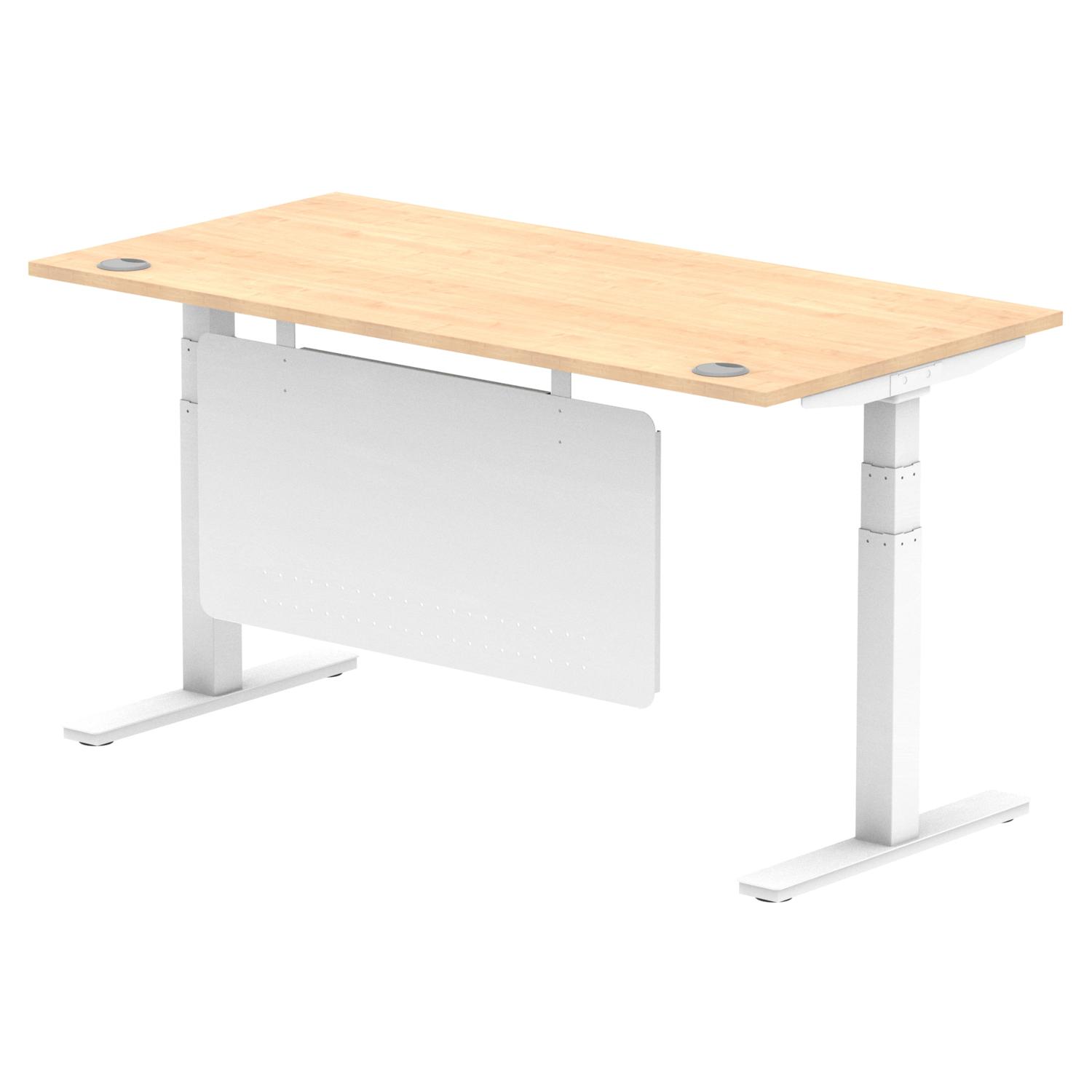 Air Modesty 1600 x 800mm Height Adjustable Office Desk Maple Top Cable Ports White Leg With White Steel Modesty Panel
