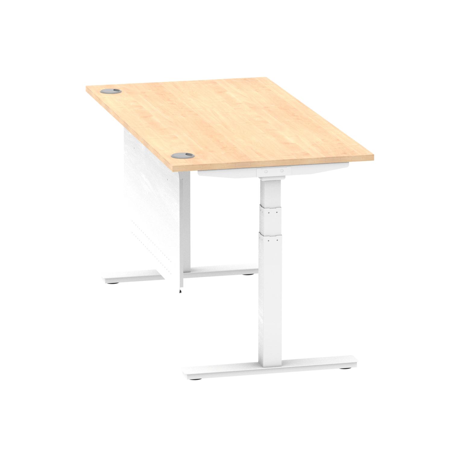 Air Modesty 1600 x 800mm Height Adjustable Office Desk Maple Top Cable Ports White Leg With White Steel Modesty Panel