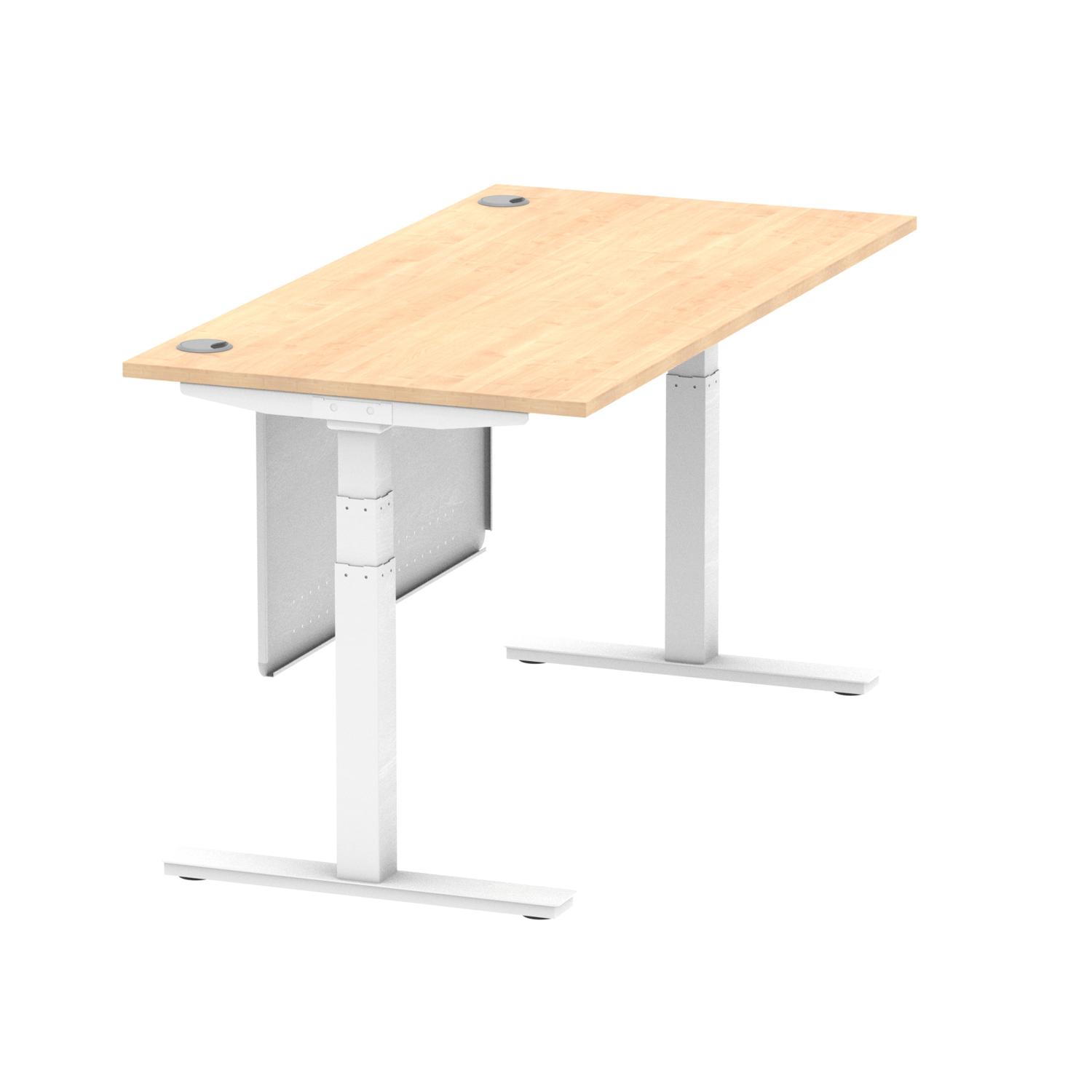 Air Modesty 1600 x 800mm Height Adjustable Office Desk Maple Top Cable Ports White Leg With White Steel Modesty Panel