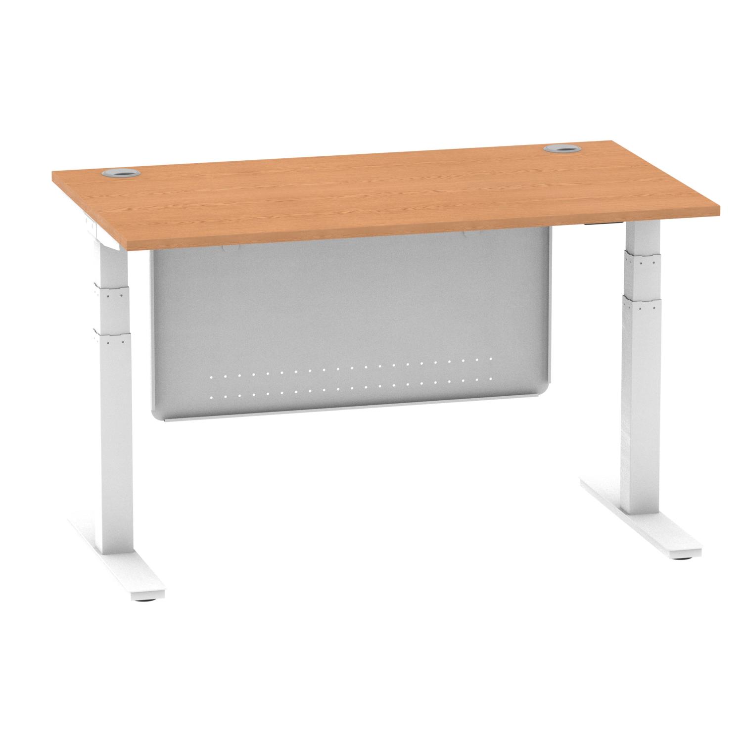 Air Modesty 1400 x 800mm Height Adjustable Office Desk Oak Top Cable Ports White Leg With White Steel Modesty Panel