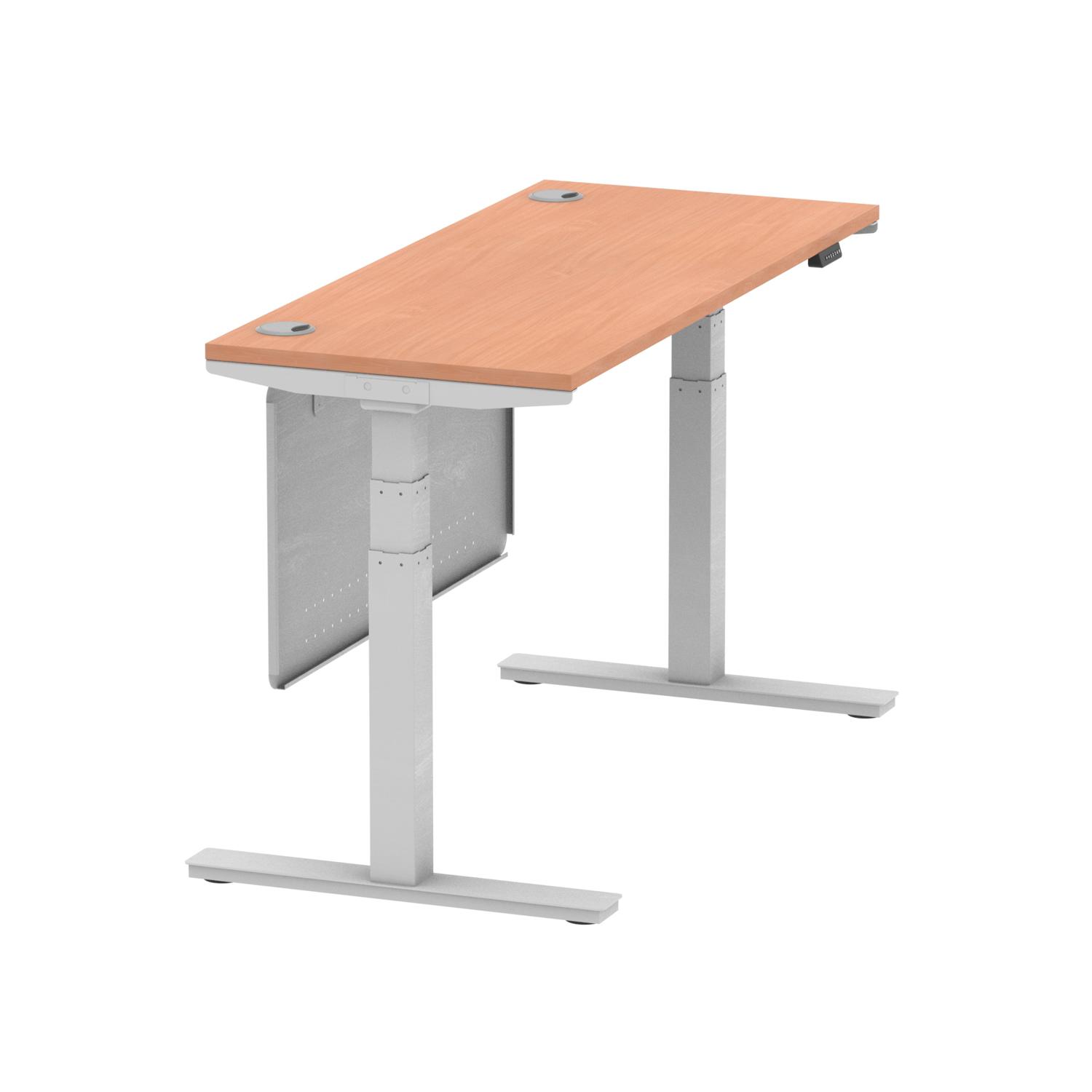 Air Modesty 1400 x 600mm Height Adjustable Office Desk Beech Top Cable Ports Silver Leg With Silver Steel Modesty Panel