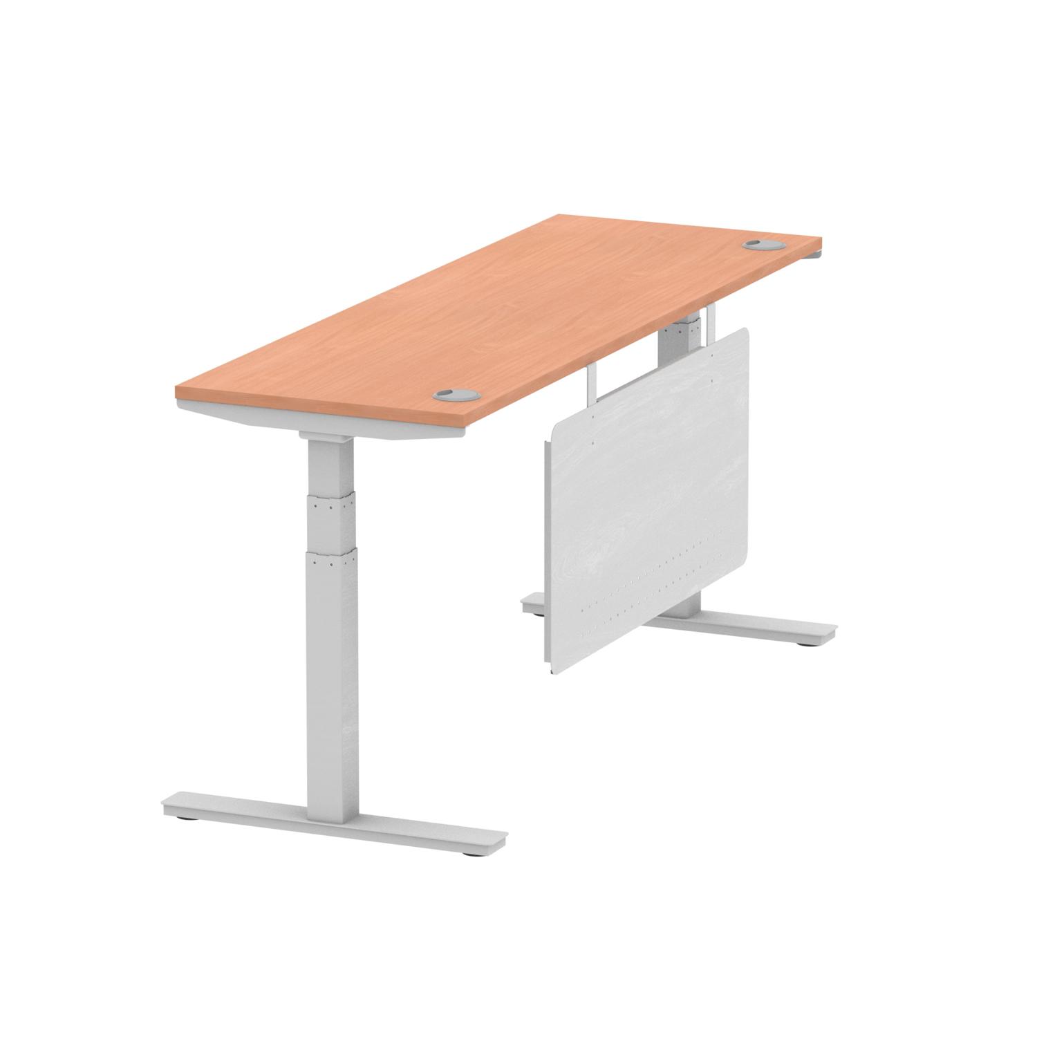 Air Modesty 1800 x 600mm Height Adjustable Office Desk Beech Top Cable Ports Silver Leg With Silver Steel Modesty Panel