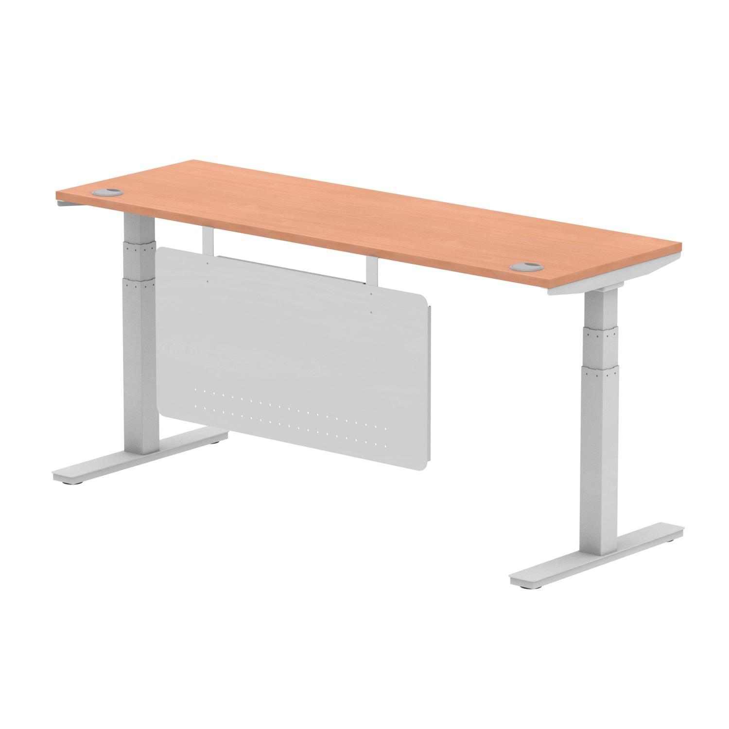 Air Modesty 1800 x 600mm Height Adjustable Office Desk Beech Top Cable Ports Silver Leg With Silver Steel Modesty Panel