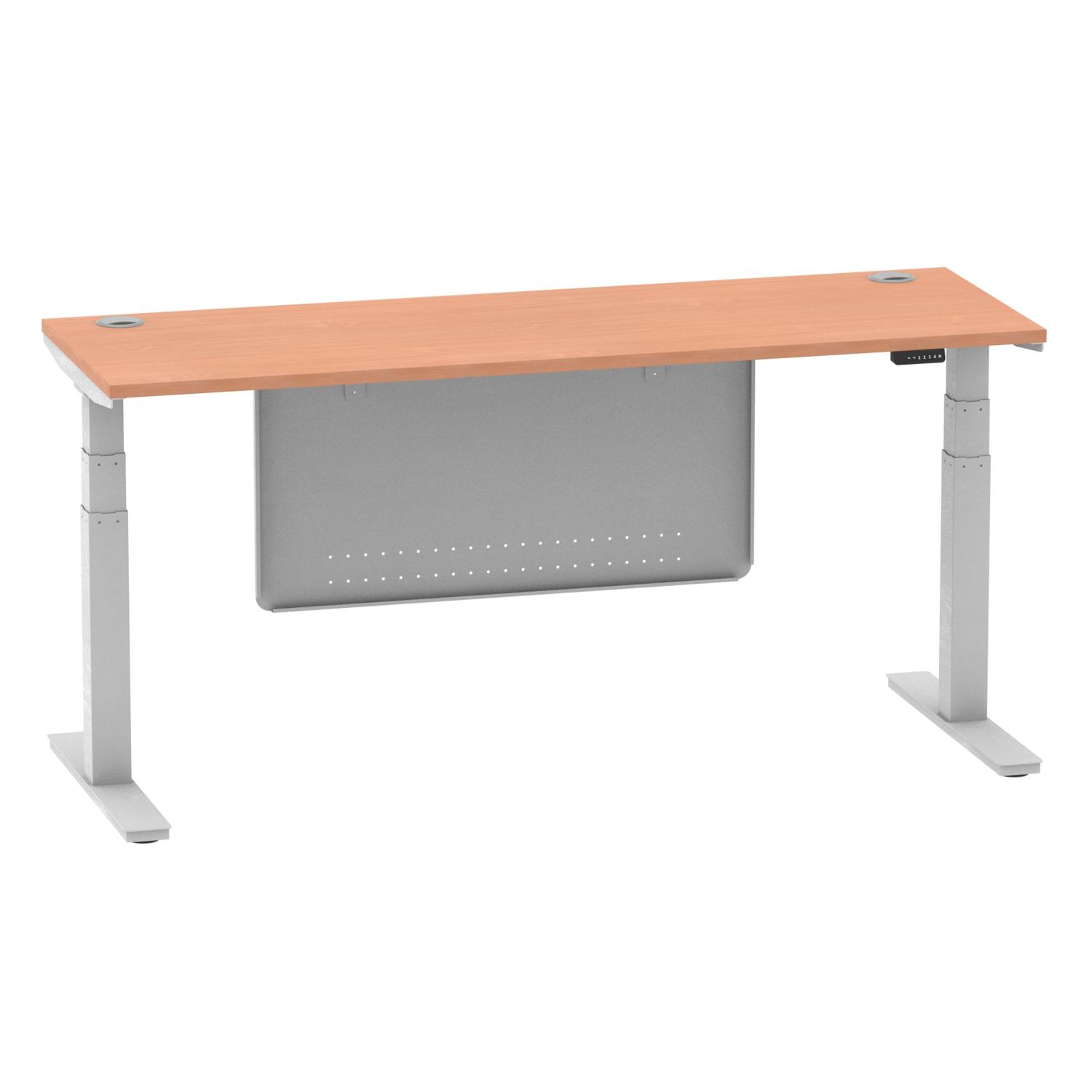 Air Modesty 1800 x 600mm Height Adjustable Office Desk Beech Top Cable Ports Silver Leg With Silver Steel Modesty Panel