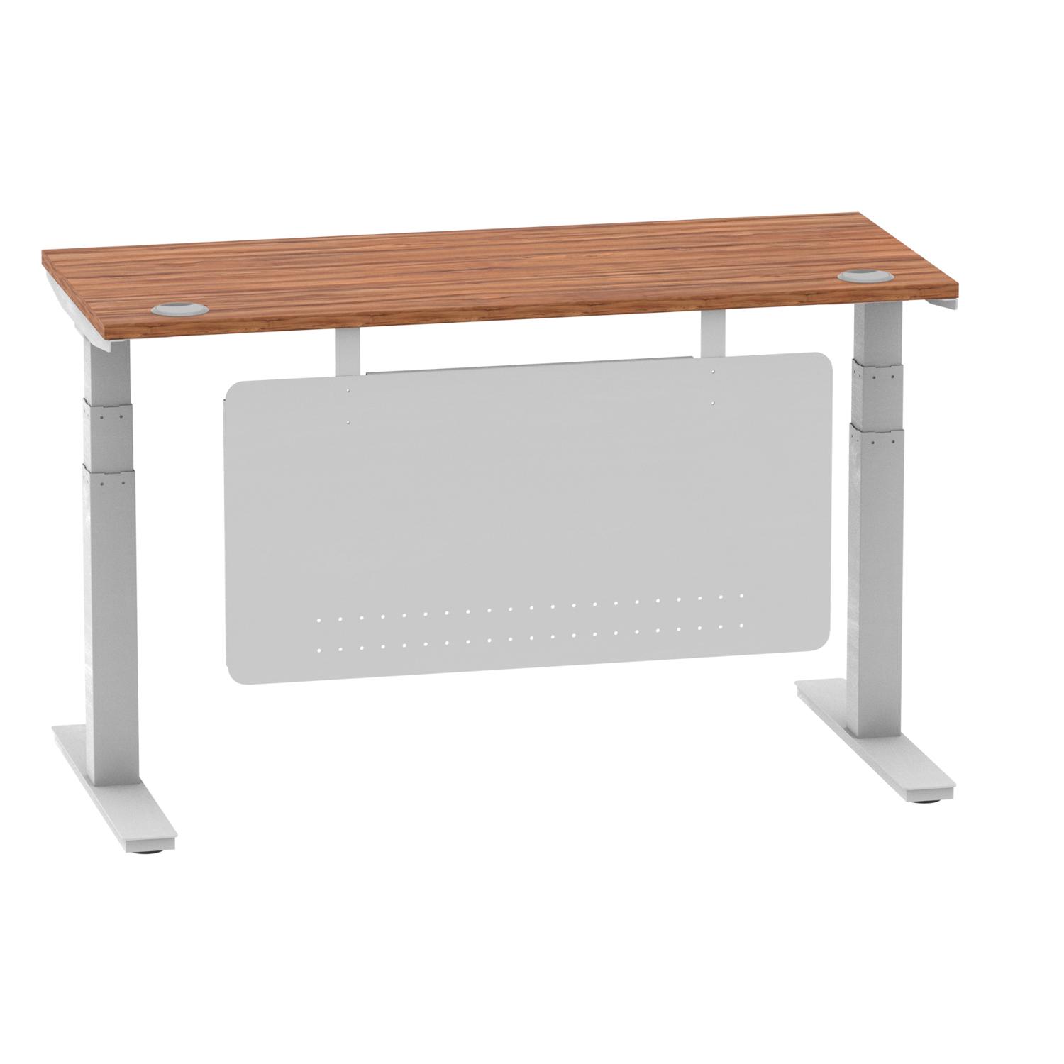Air Modesty 1400 x 600mm Height Adjustable Office Desk Walnut Top Cable Ports Silver Leg With Silver Steel Modesty Panel