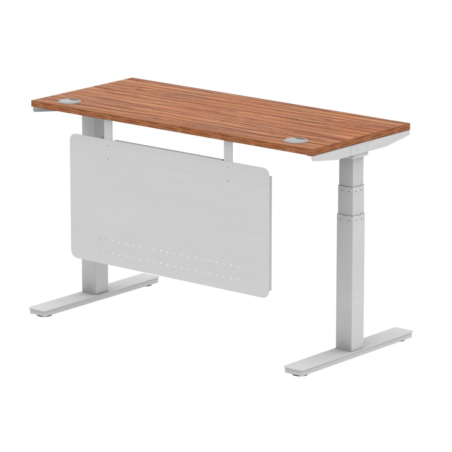 Air Modesty 1400 x 600mm Height Adjustable Office Desk Walnut Top Cable Ports Silver Leg With Silver Steel Modesty Panel