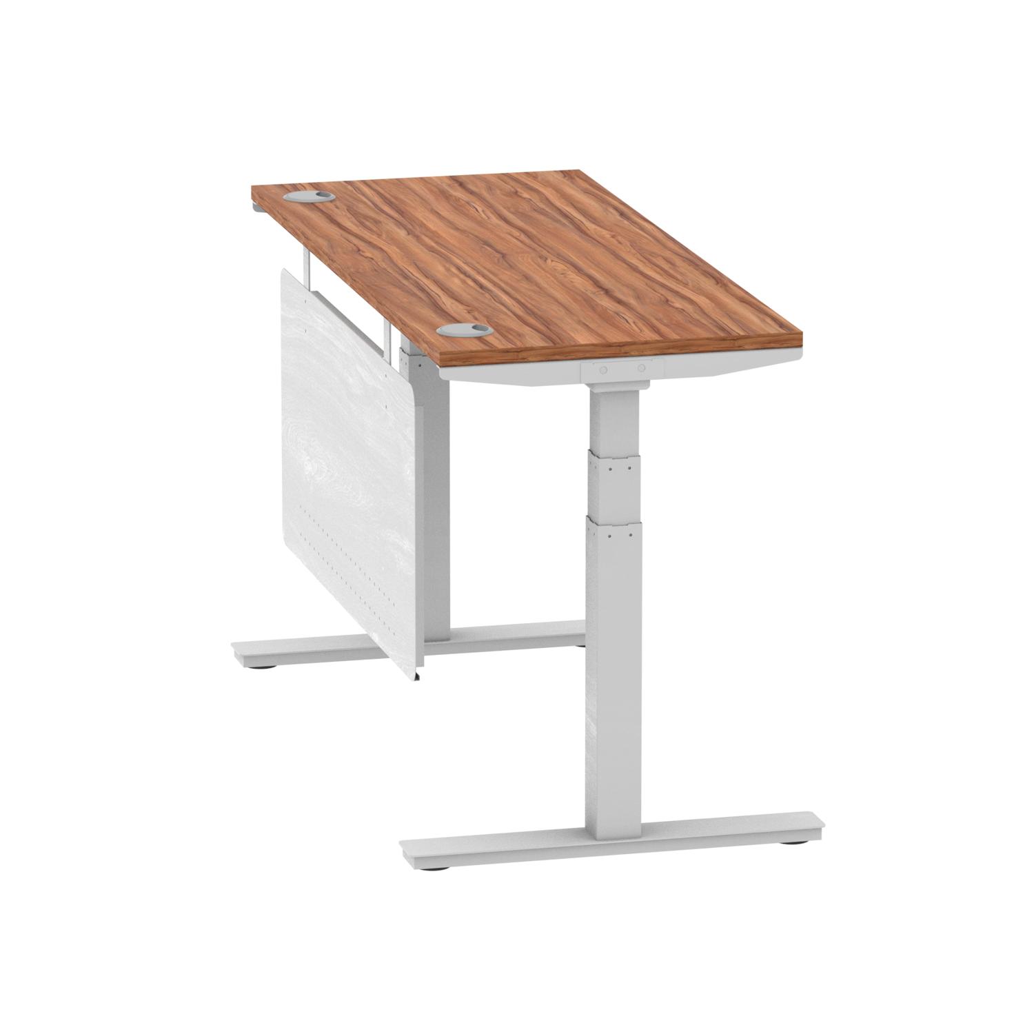 Air Modesty 1400 x 600mm Height Adjustable Office Desk Walnut Top Cable Ports Silver Leg With Silver Steel Modesty Panel