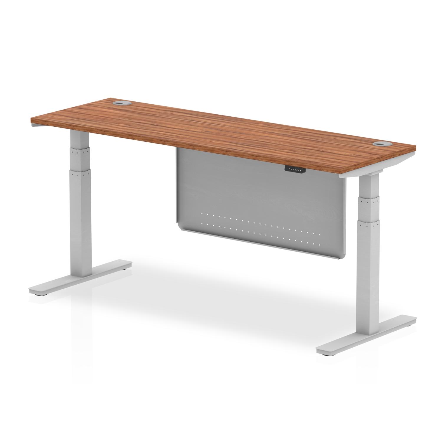 Air Modesty 1800 x 600mm Height Adjustable Office Desk Walnut Top Cable Ports Silver Leg With Silver Steel Modesty Panel Air Modesty 1800 x 600mm Height Adjustable Office Desk Walnut Top Cable Ports Silver Leg With Silver Steel Modesty Panel