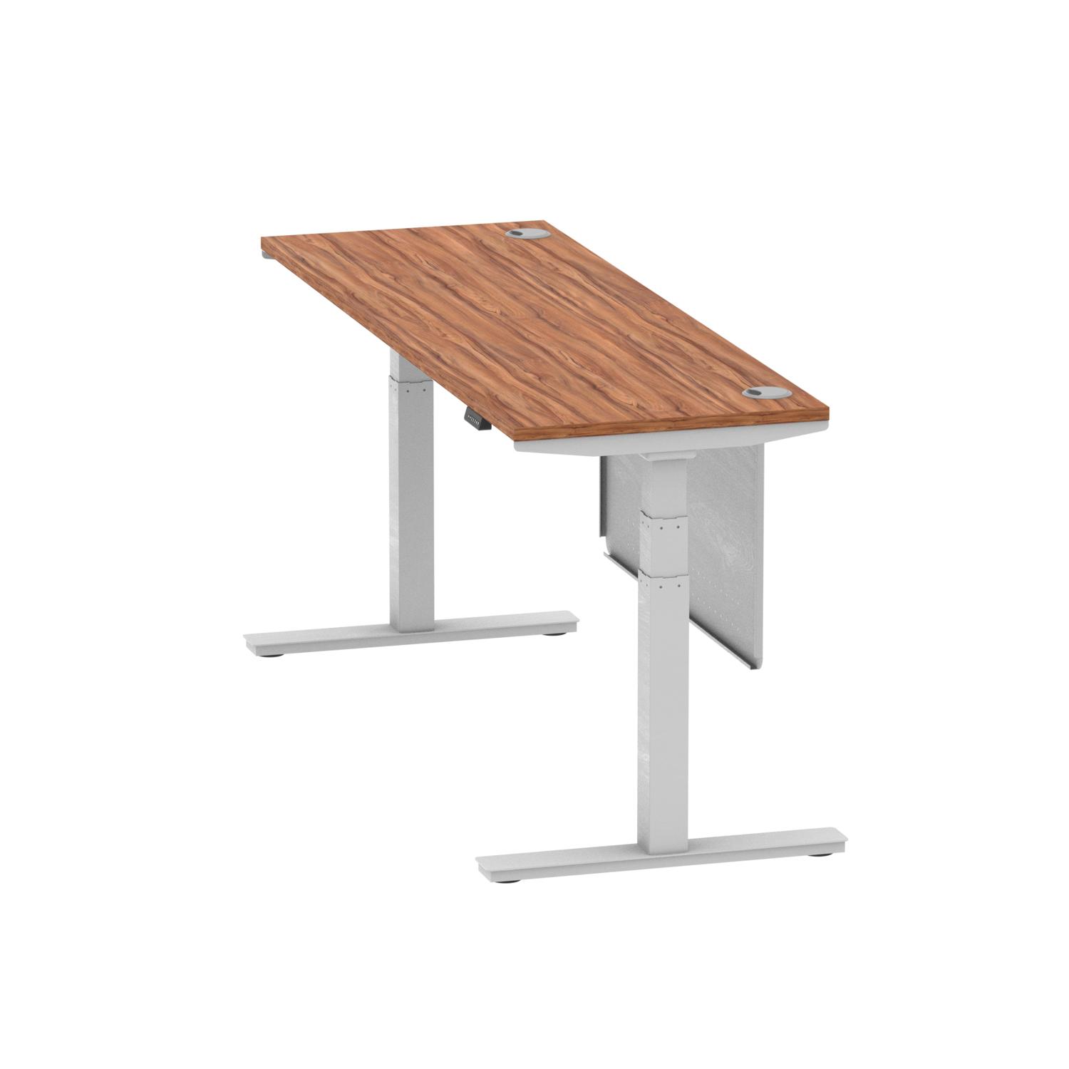 Air Modesty 1800 x 600mm Height Adjustable Office Desk Walnut Top Cable Ports Silver Leg With Silver Steel Modesty Panel Air Modesty 1800 x 600mm Height Adjustable Office Desk Walnut Top Cable Ports Silver Leg With Silver Steel Modesty Panel