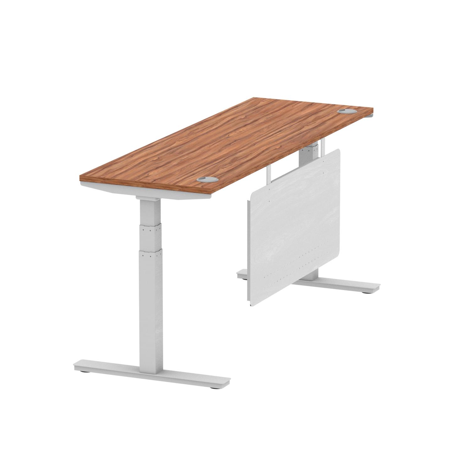 Air Modesty 1800 x 600mm Height Adjustable Office Desk Walnut Top Cable Ports Silver Leg With Silver Steel Modesty Panel Air Modesty 1800 x 600mm Height Adjustable Office Desk Walnut Top Cable Ports Silver Leg With Silver Steel Modesty Panel