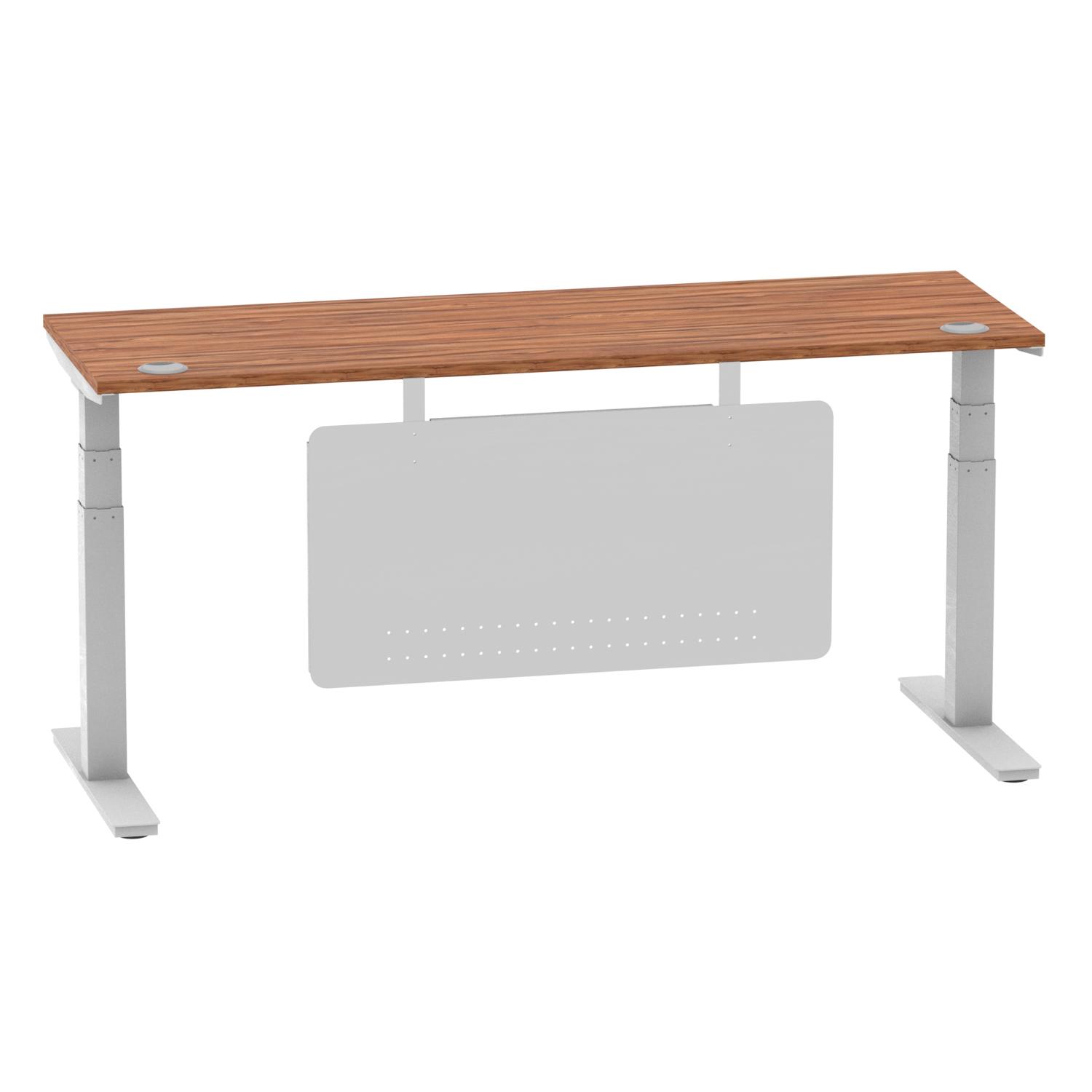 Air Modesty 1800 x 600mm Height Adjustable Office Desk Walnut Top Cable Ports Silver Leg With Silver Steel Modesty Panel Air Modesty 1800 x 600mm Height Adjustable Office Desk Walnut Top Cable Ports Silver Leg With Silver Steel Modesty Panel