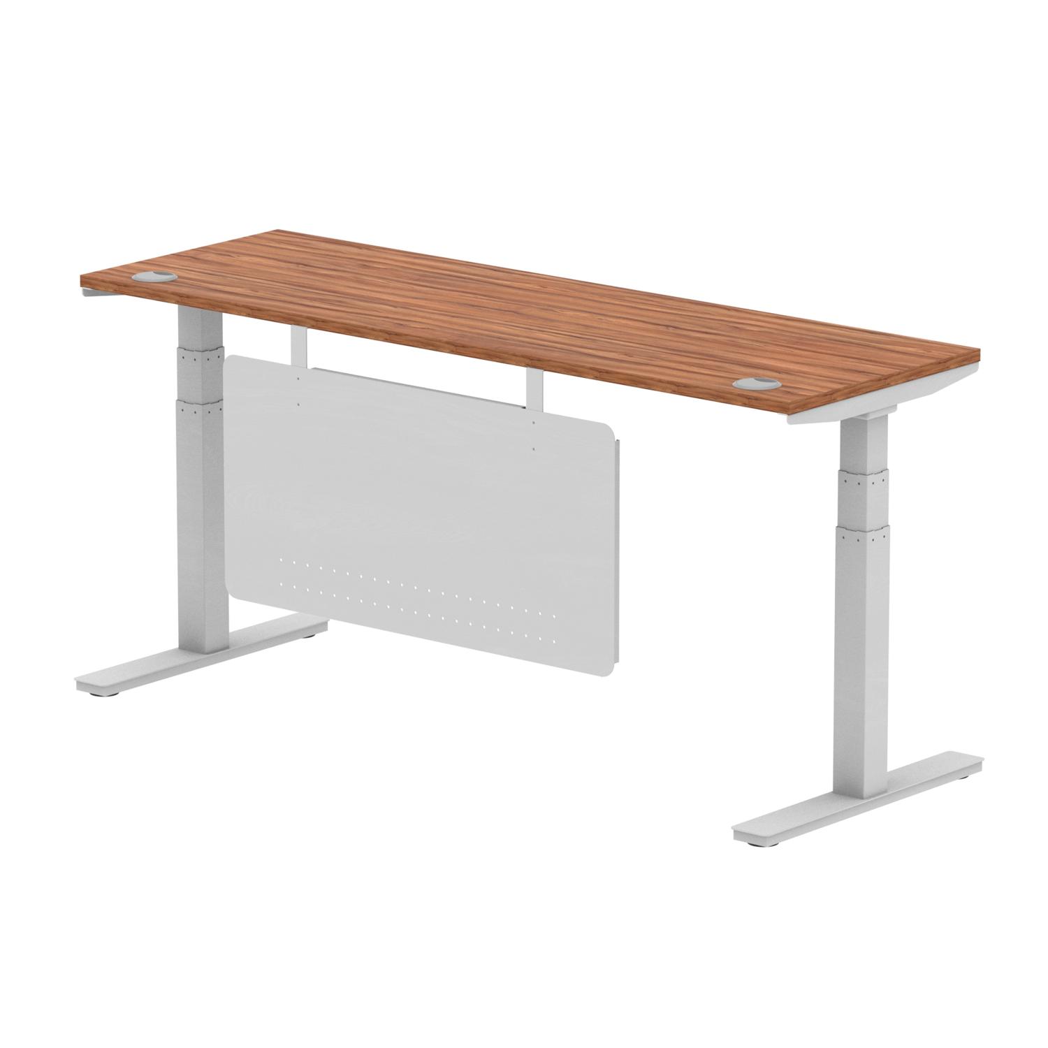 Air Modesty 1800 x 600mm Height Adjustable Office Desk Walnut Top Cable Ports Silver Leg With Silver Steel Modesty Panel Air Modesty 1800 x 600mm Height Adjustable Office Desk Walnut Top Cable Ports Silver Leg With Silver Steel Modesty Panel