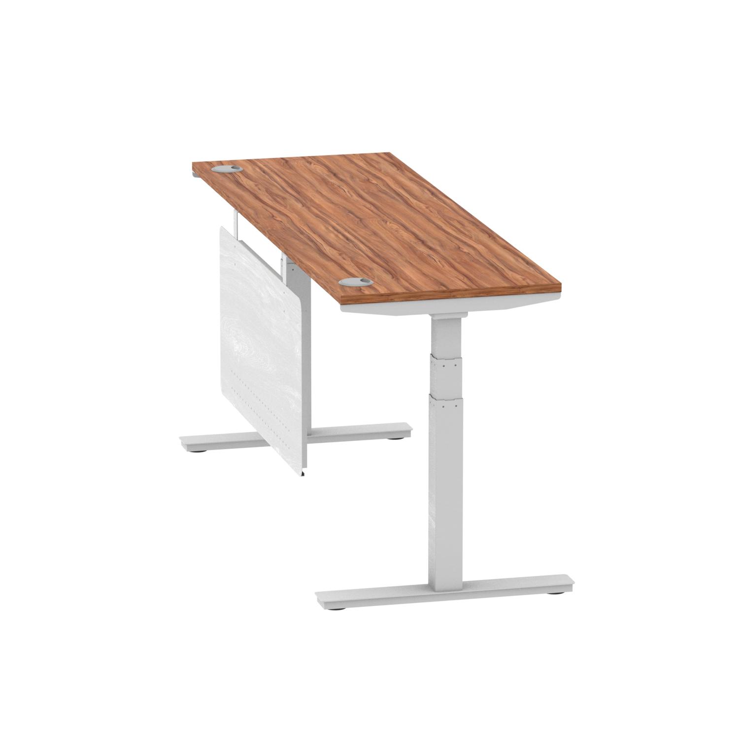 Air Modesty 1800 x 600mm Height Adjustable Office Desk Walnut Top Cable Ports Silver Leg With Silver Steel Modesty Panel Air Modesty 1800 x 600mm Height Adjustable Office Desk Walnut Top Cable Ports Silver Leg With Silver Steel Modesty Panel