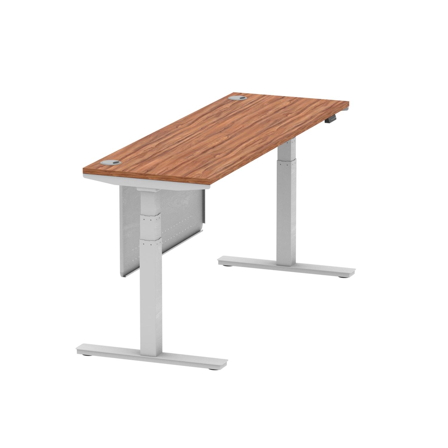 Air Modesty 1800 x 600mm Height Adjustable Office Desk Walnut Top Cable Ports Silver Leg With Silver Steel Modesty Panel Air Modesty 1800 x 600mm Height Adjustable Office Desk Walnut Top Cable Ports Silver Leg With Silver Steel Modesty Panel