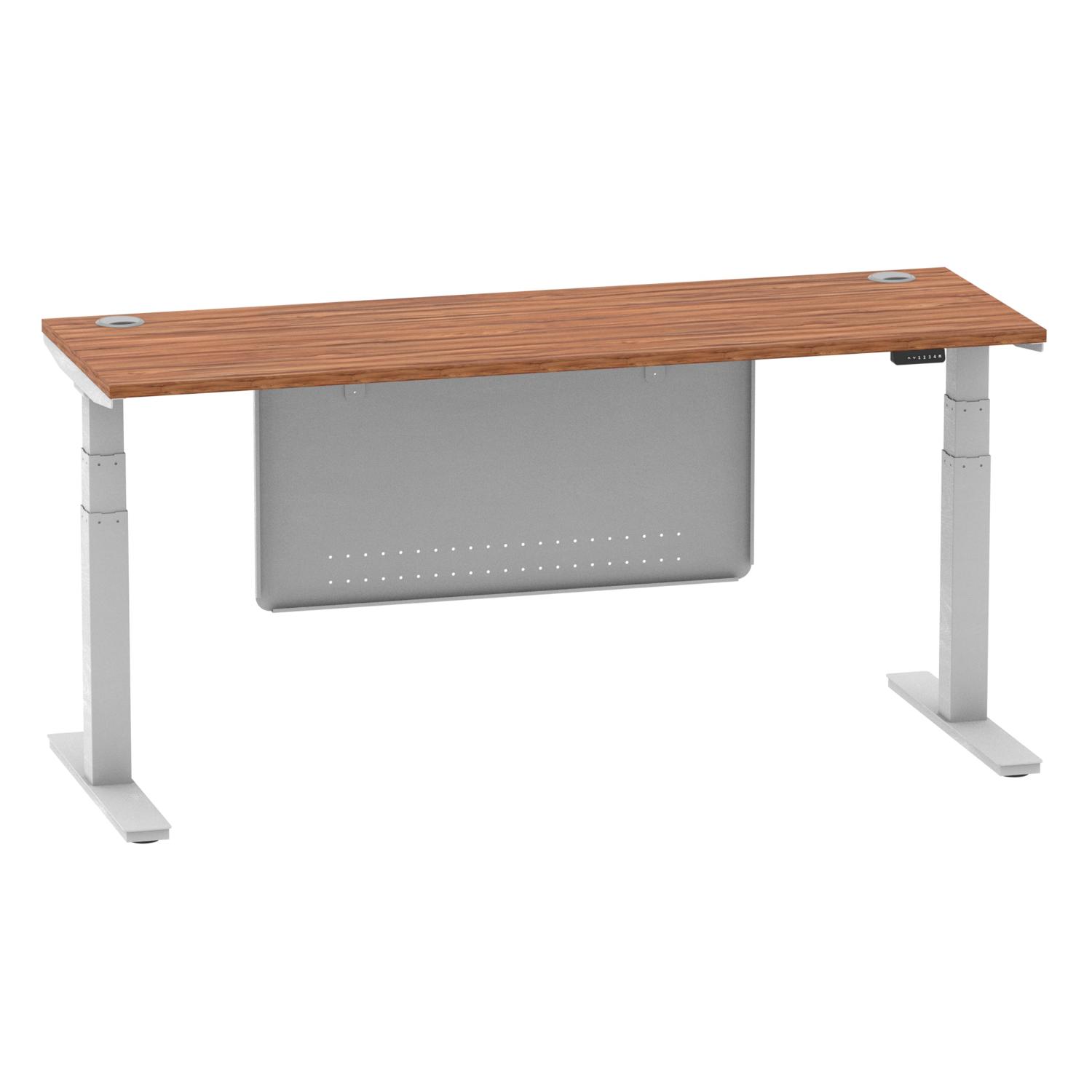 Air Modesty 1800 x 600mm Height Adjustable Office Desk Walnut Top Cable Ports Silver Leg With Silver Steel Modesty Panel Air Modesty 1800 x 600mm Height Adjustable Office Desk Walnut Top Cable Ports Silver Leg With Silver Steel Modesty Panel