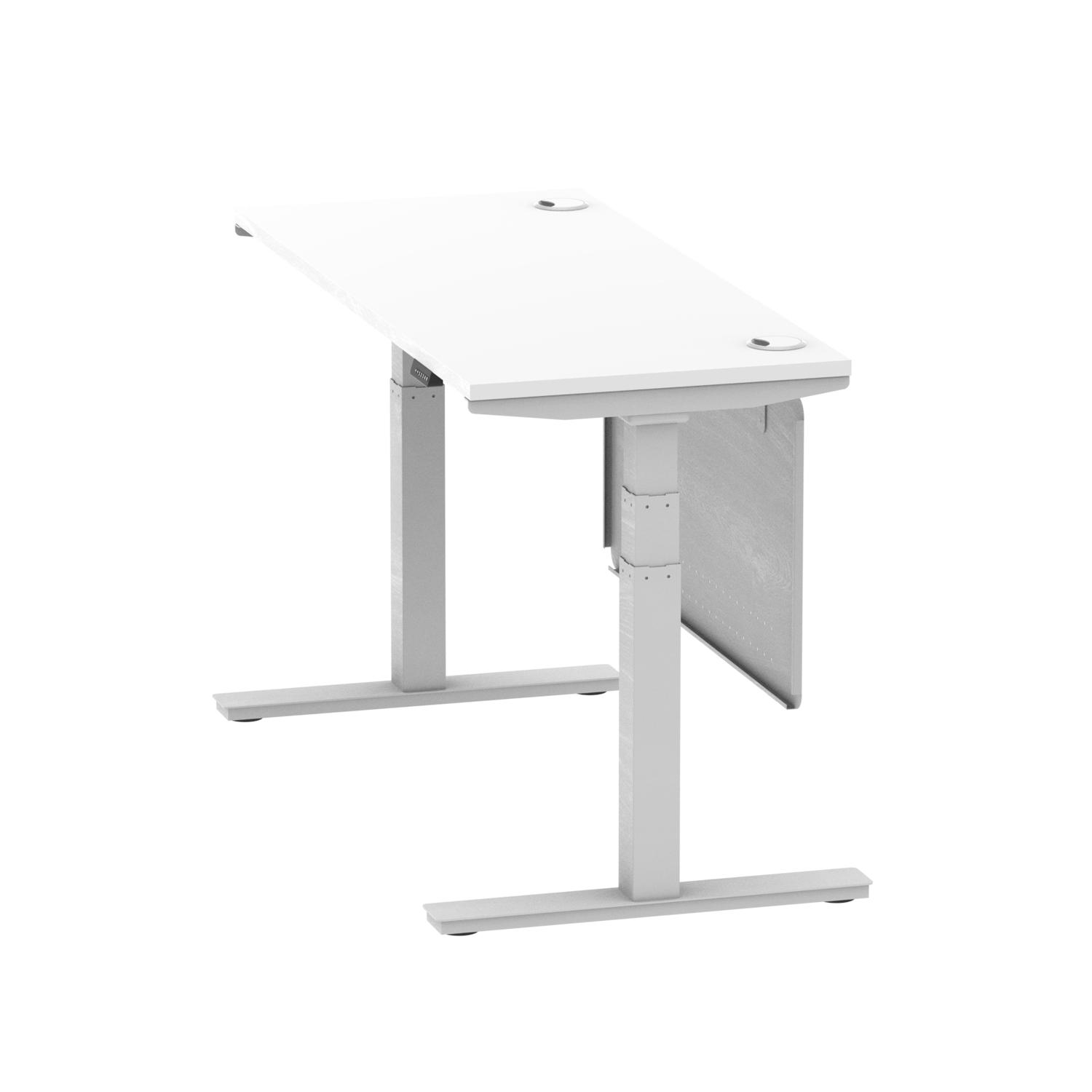 Air Modesty 1400 x 600mm Height Adjustable Office Desk White Top Cable Ports Silver Leg With Silver Steel Modesty Panel