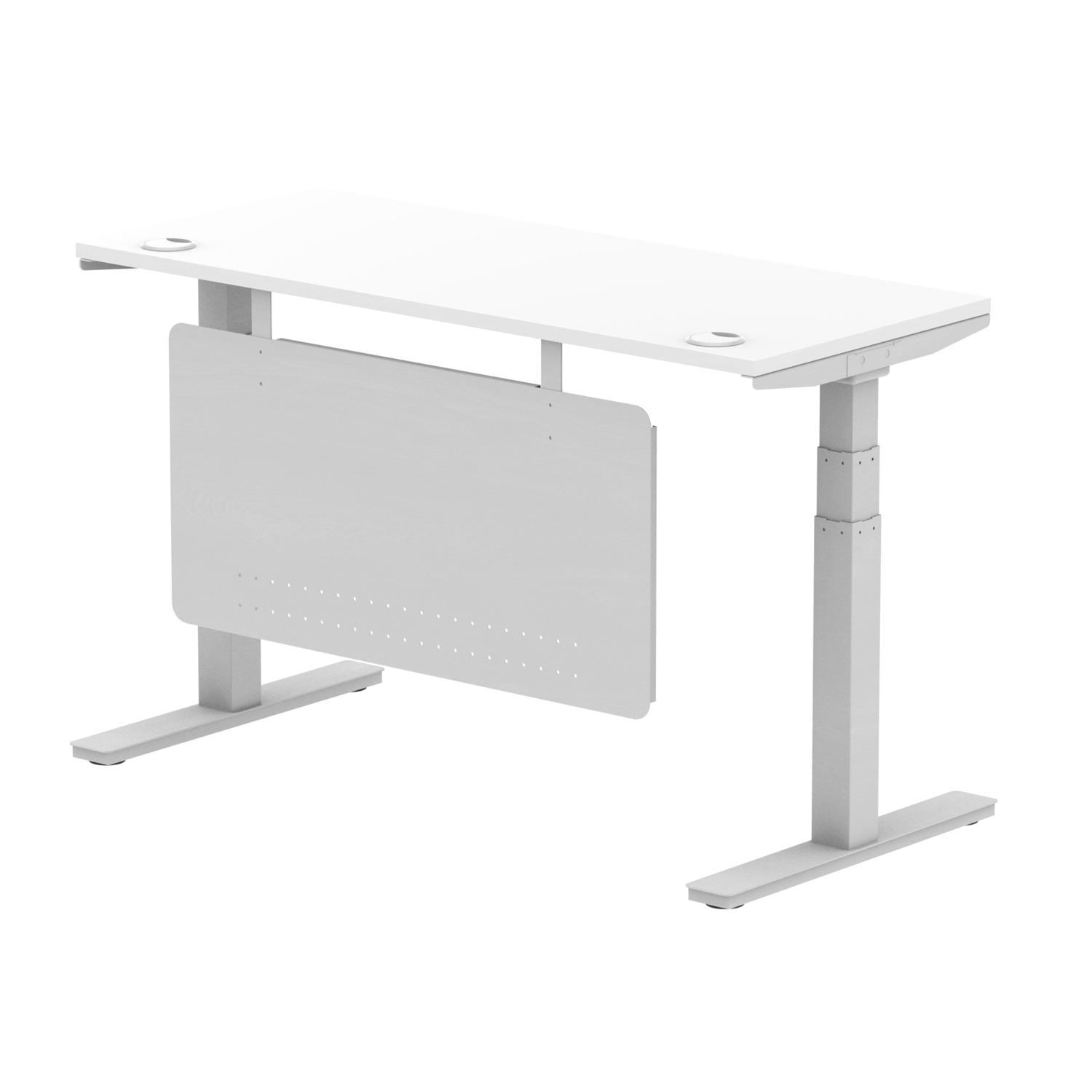 Air Modesty 1400 x 600mm Height Adjustable Office Desk White Top Cable Ports Silver Leg With Silver Steel Modesty Panel