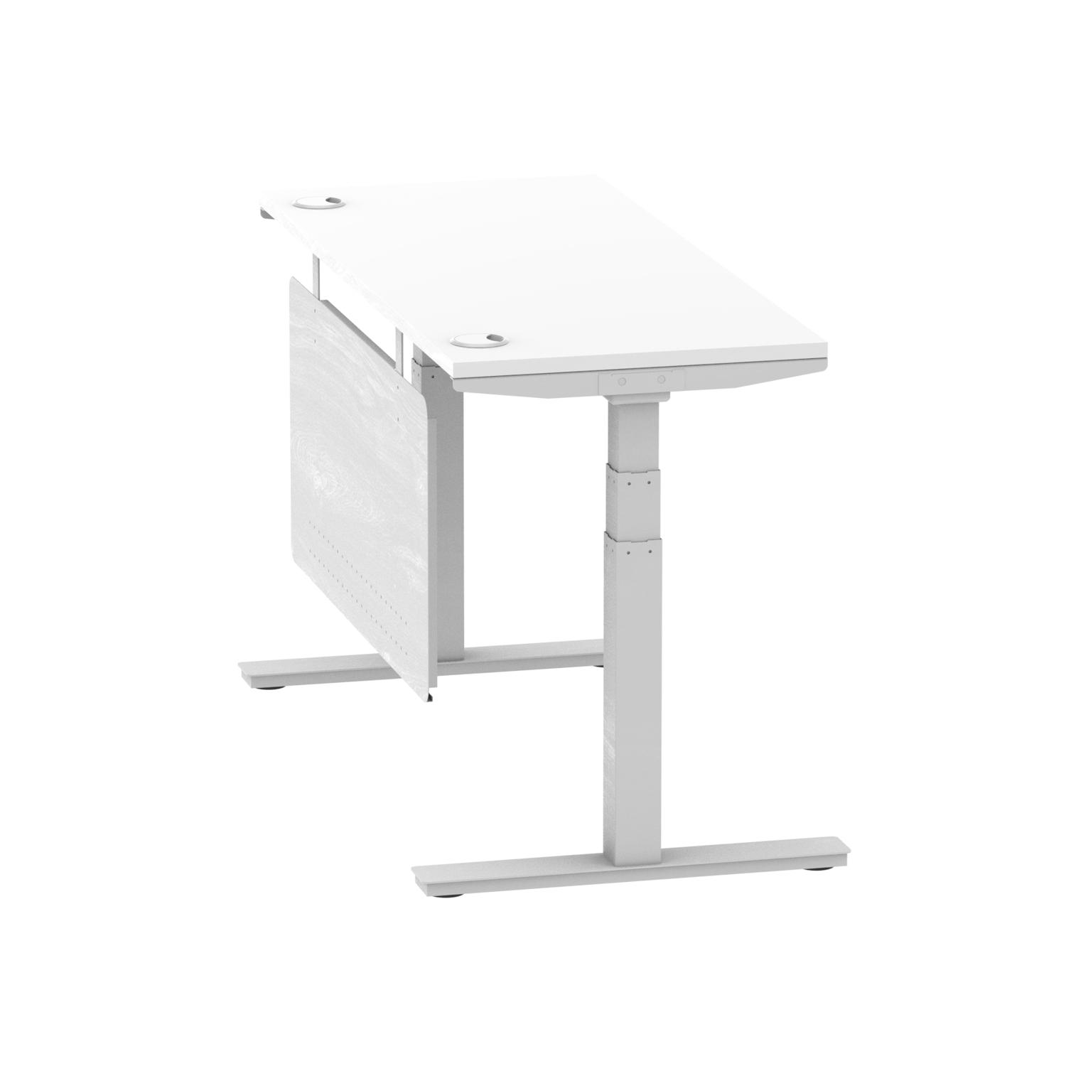 Air Modesty 1400 x 600mm Height Adjustable Office Desk White Top Cable Ports Silver Leg With Silver Steel Modesty Panel