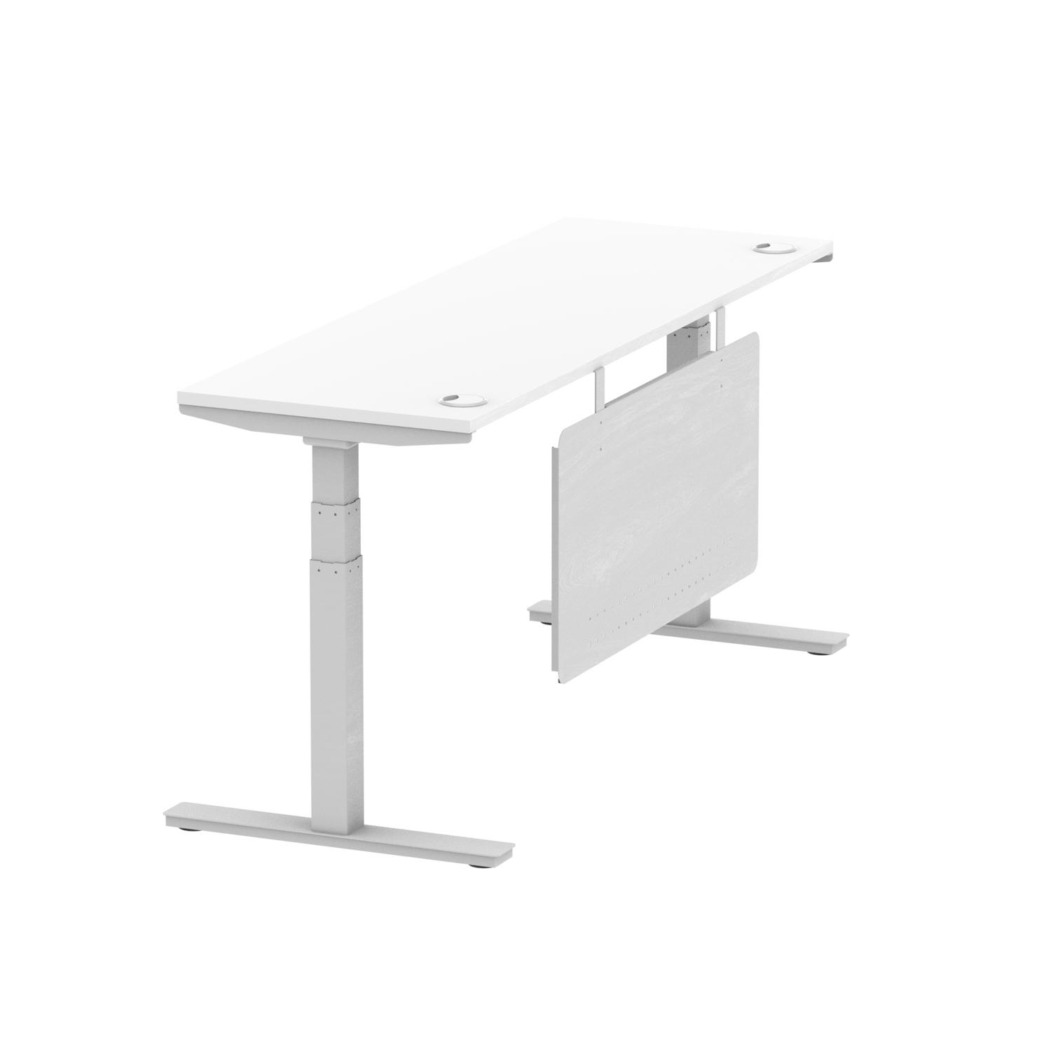 Air Modesty 1800 x 600mm Height Adjustable Office Desk White Top Cable Ports Silver Leg With Silver Steel Modesty Panel