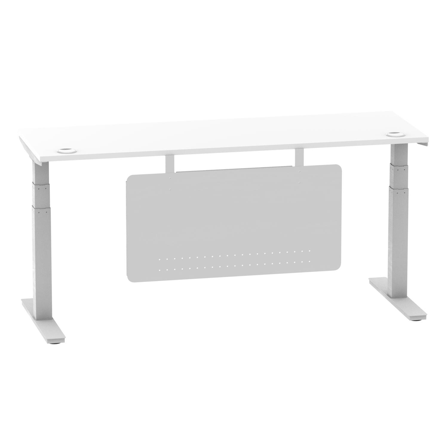 Air Modesty 1800 x 600mm Height Adjustable Office Desk White Top Cable Ports Silver Leg With Silver Steel Modesty Panel