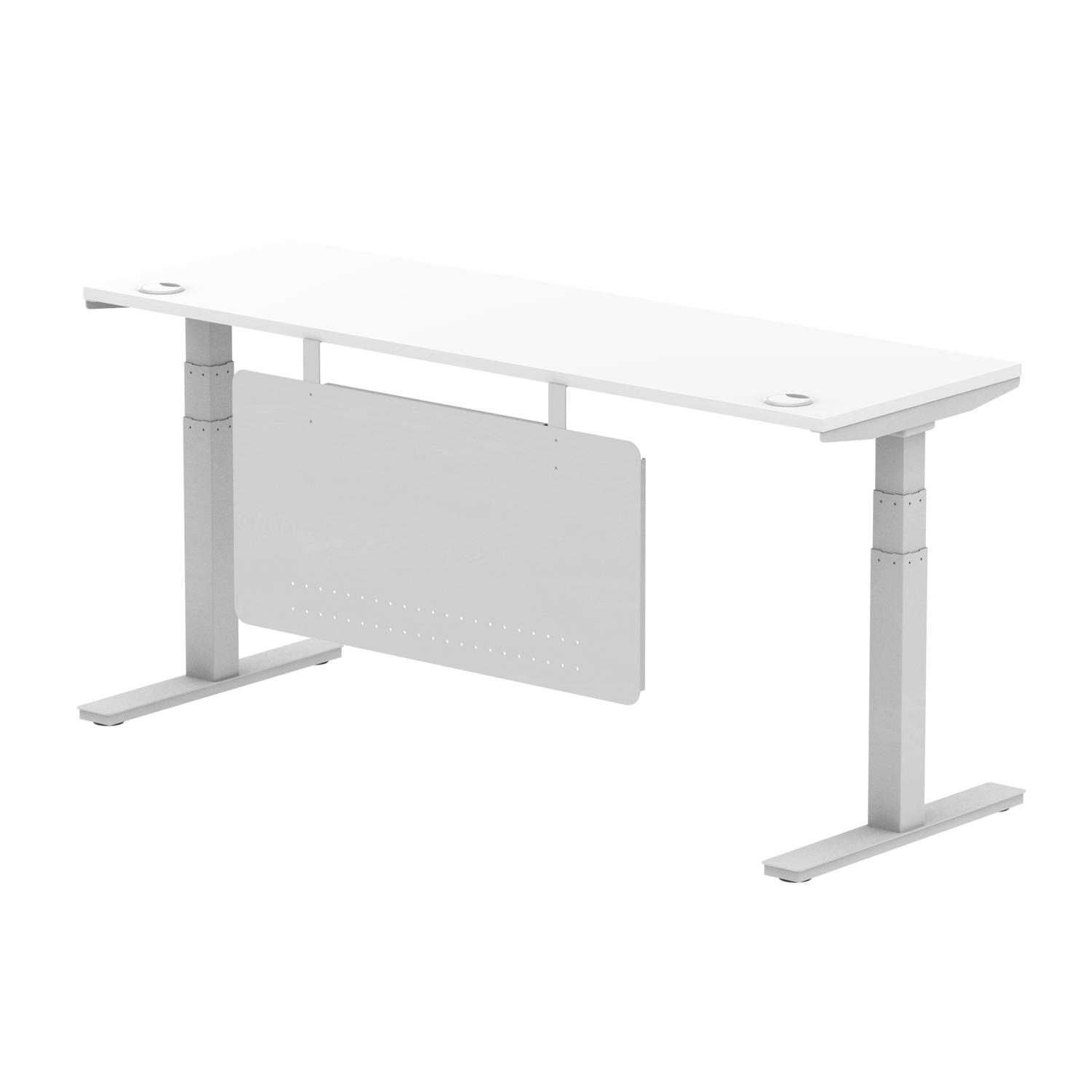 Air Modesty 1800 x 600mm Height Adjustable Office Desk White Top Cable Ports Silver Leg With Silver Steel Modesty Panel