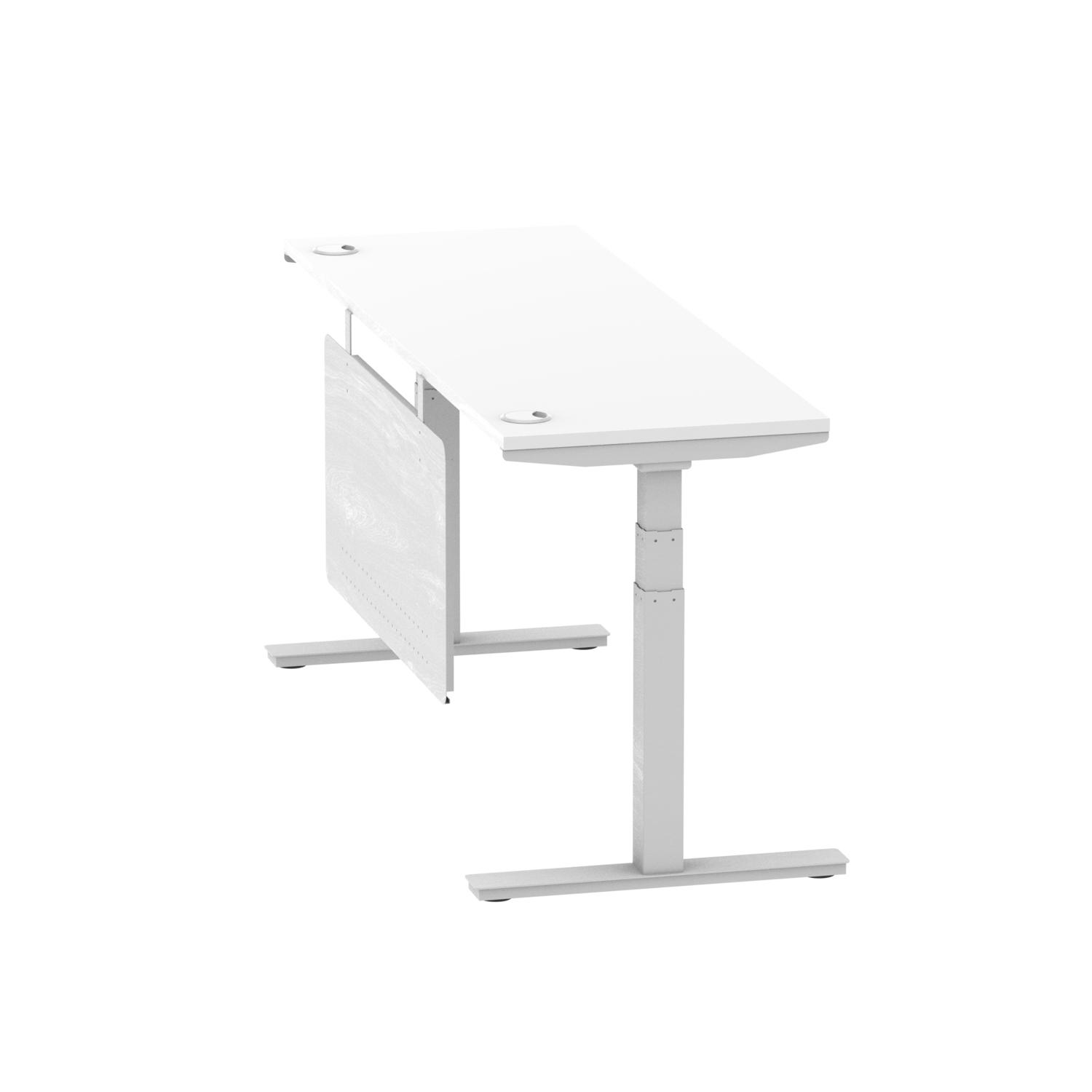 Air Modesty 1800 x 600mm Height Adjustable Office Desk White Top Cable Ports Silver Leg With Silver Steel Modesty Panel