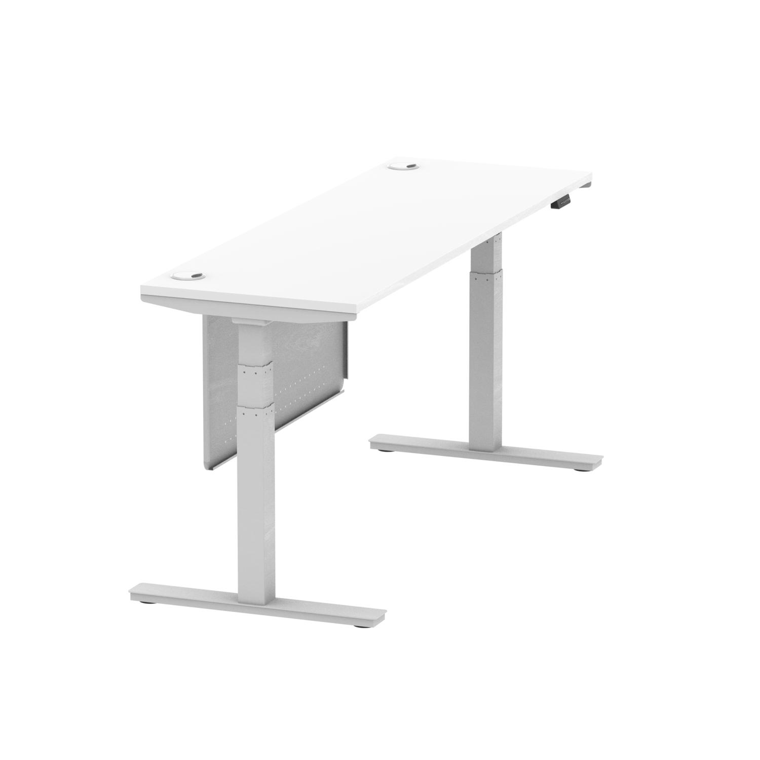 Air Modesty 1800 x 600mm Height Adjustable Office Desk White Top Cable Ports Silver Leg With Silver Steel Modesty Panel