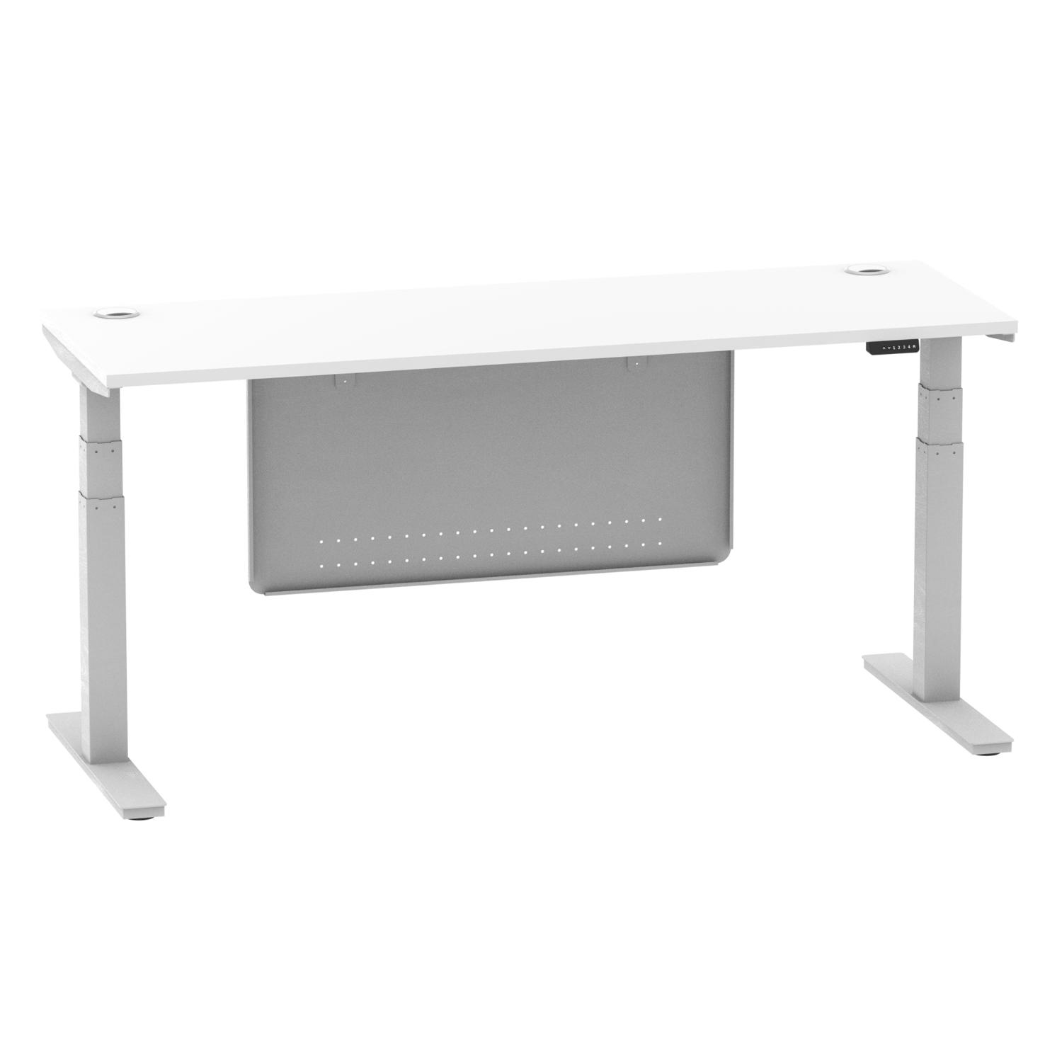 Air Modesty 1800 x 600mm Height Adjustable Office Desk White Top Cable Ports Silver Leg With Silver Steel Modesty Panel