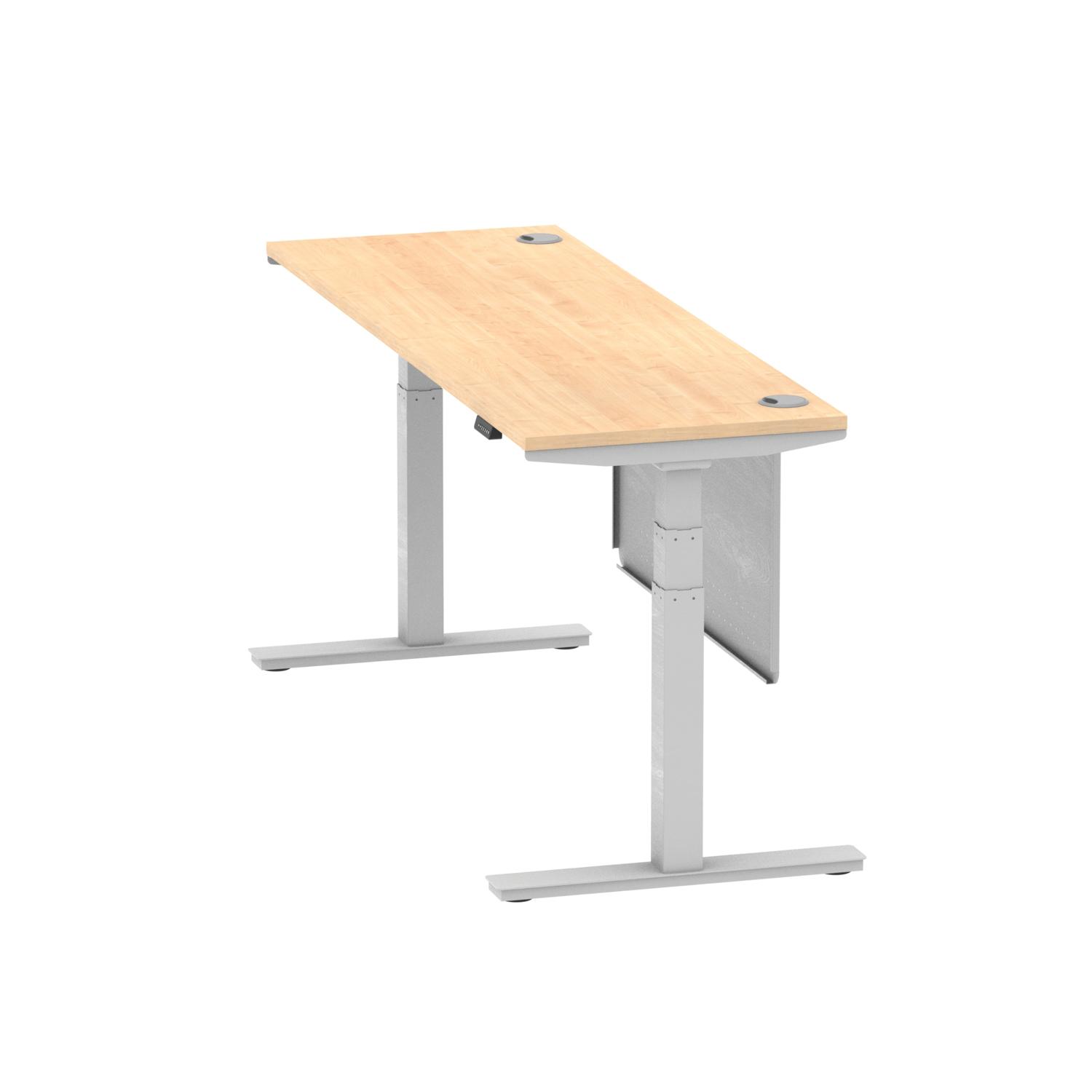 Air Modesty 1800 x 600mm Height Adjustable Office Desk Maple Top Cable Ports Silver Leg With Silver Steel Modesty Panel