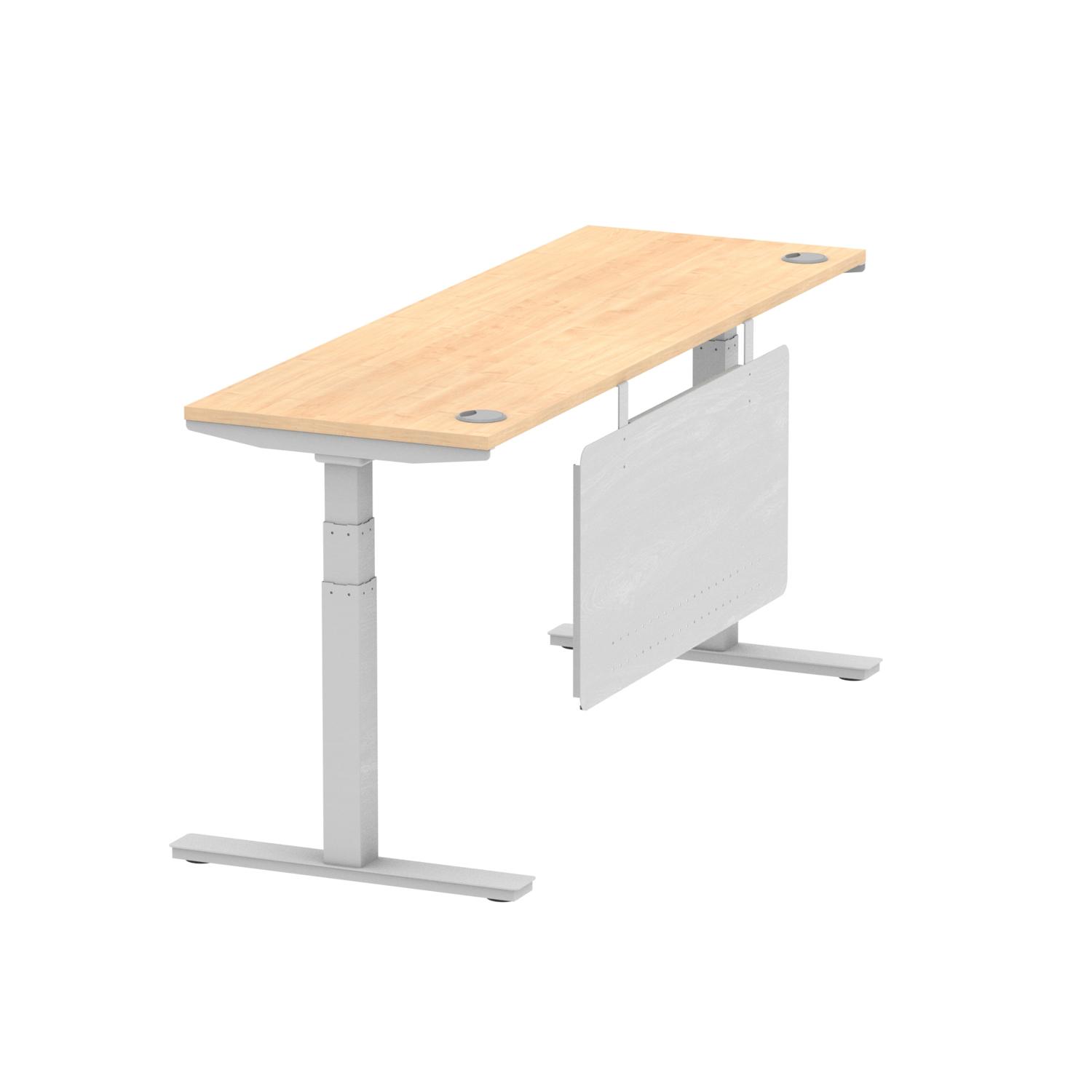 Air Modesty 1800 x 600mm Height Adjustable Office Desk Maple Top Cable Ports Silver Leg With Silver Steel Modesty Panel