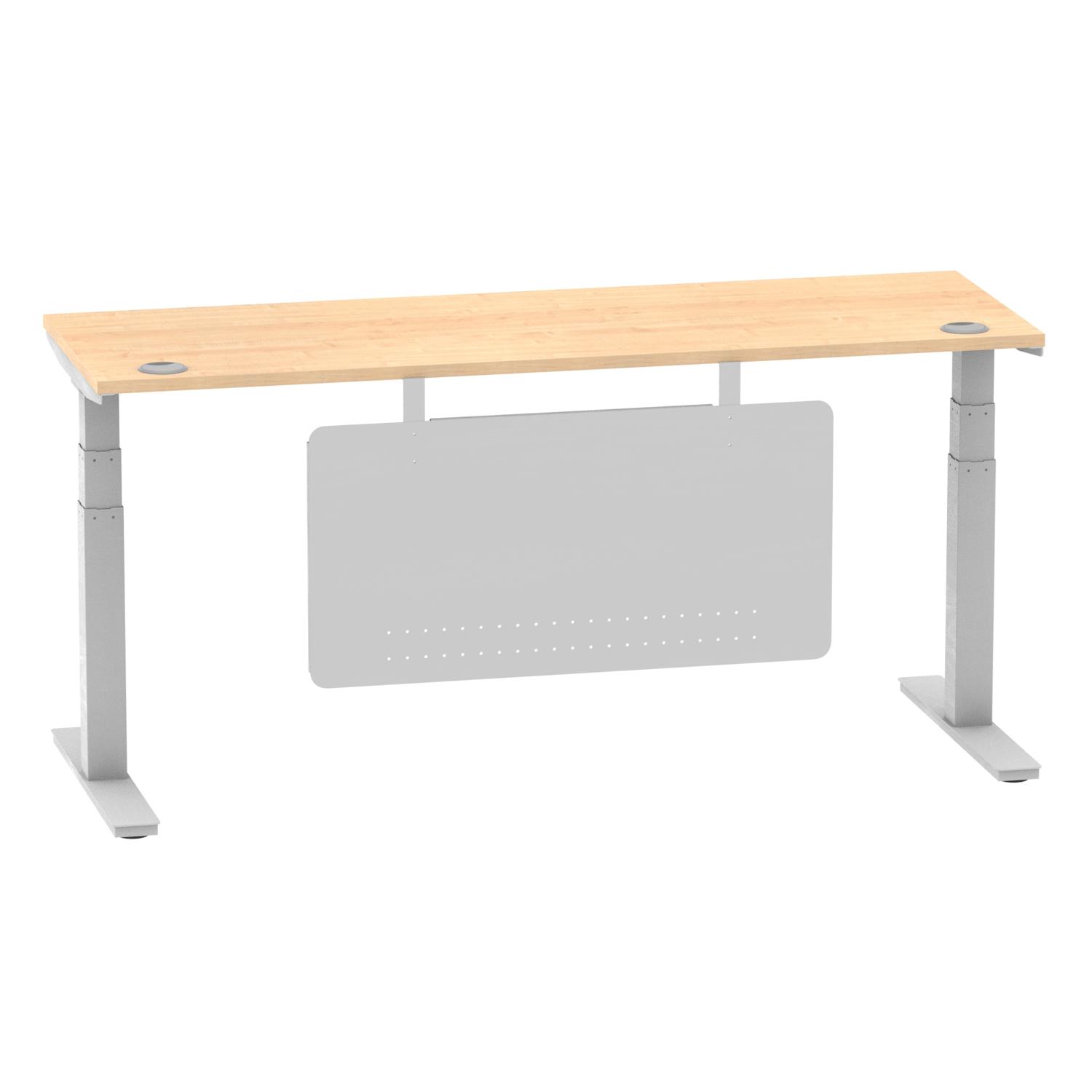 Air Modesty 1800 x 600mm Height Adjustable Office Desk Maple Top Cable Ports Silver Leg With Silver Steel Modesty Panel